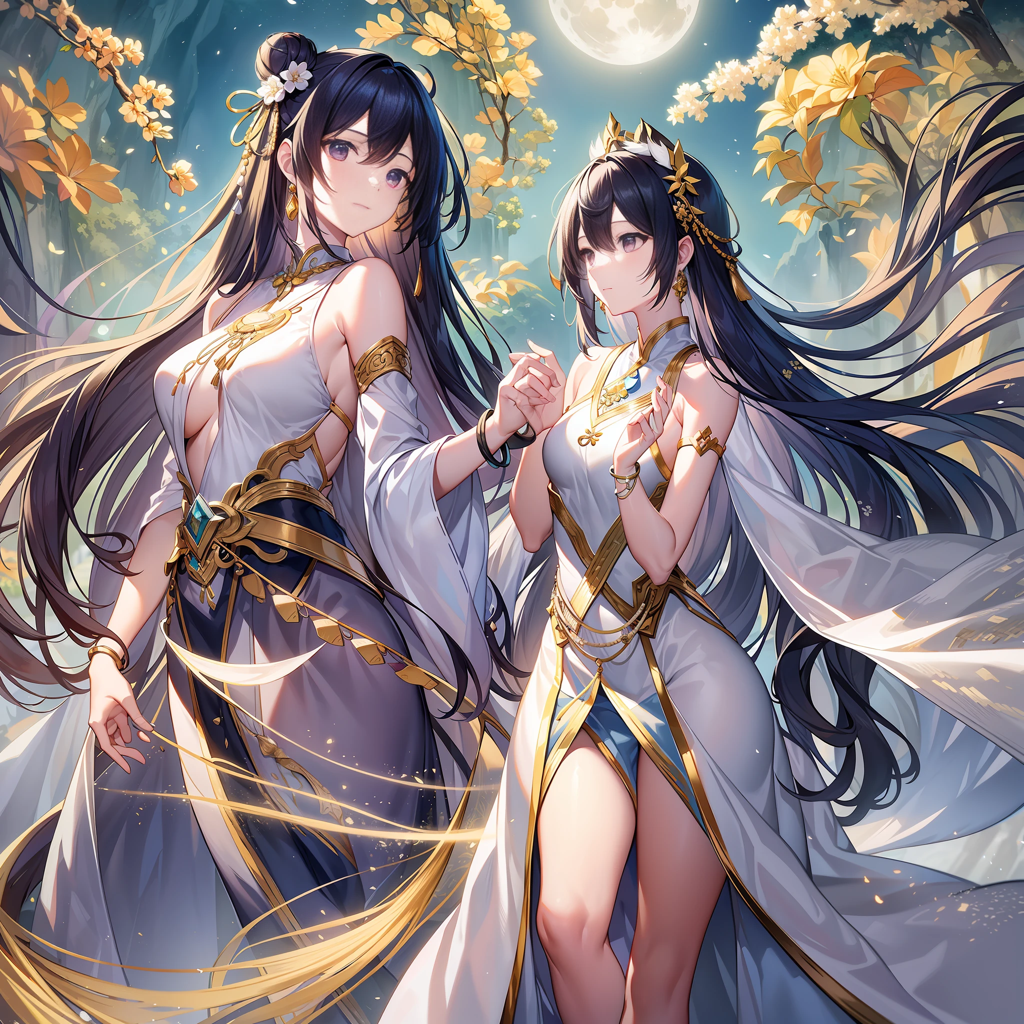 The illustration hints are as follows: Character expressions: gentle and serene smile, distant eyes, calm Hairstyle and color: long knee-length hair, snow-white, with an autumn moon bun hanging from the head Clothing style and color: wearing a white silk robe with a low open robe, light purple lace on the left side, a white cape, a white vest and a bead-inlaid gold belt to outline the graceful figure Accessories on the figure: earrings, necklaces and bracelets are silver, shining moonlight Character pose: hand caressing the strings of the instrument, looking down on the strings, The corners of the mouth are slightly raised The light of the environment: bright moonlight shines on the characters and the surrounding environment Environmental atmosphere: quiet and peaceful, a beautiful scenery Environmental characteristics: Qingxi, green mountains, red households, pines and cypresses Environmental time: midnight