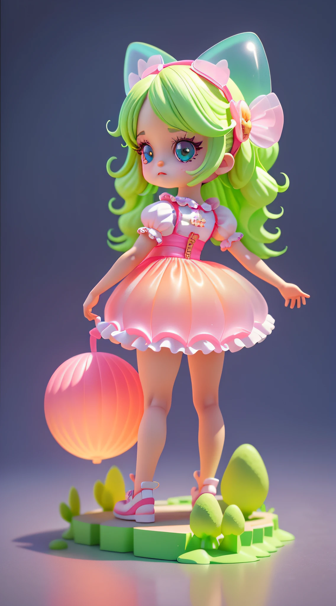 Detailed plastic materials, ((same character, front, side, back)) best quality, (very detailed model), (best quality), octane rendering, ray tracing, very detailed, 3D toys , exaggerated huge hair, (full body) (3D hair, cute hair accessories, ((children)), beautiful eyes, cute big eyes, cute face, pink-green gradient, drum skirt, cute skirt, chib, fluorescent half Transparent, colorful, plastic, children, transparent, product design, luminous jelly, exquisite and cute plastic, beautiful light and shadow 3d, digital art, translucent plastic bubble gum, close-up, 3d, ultra-detailed, generate front view, side view, rear view three views , Borderless, c4d, Octane rendering, Blender, HD, full body, simple background!