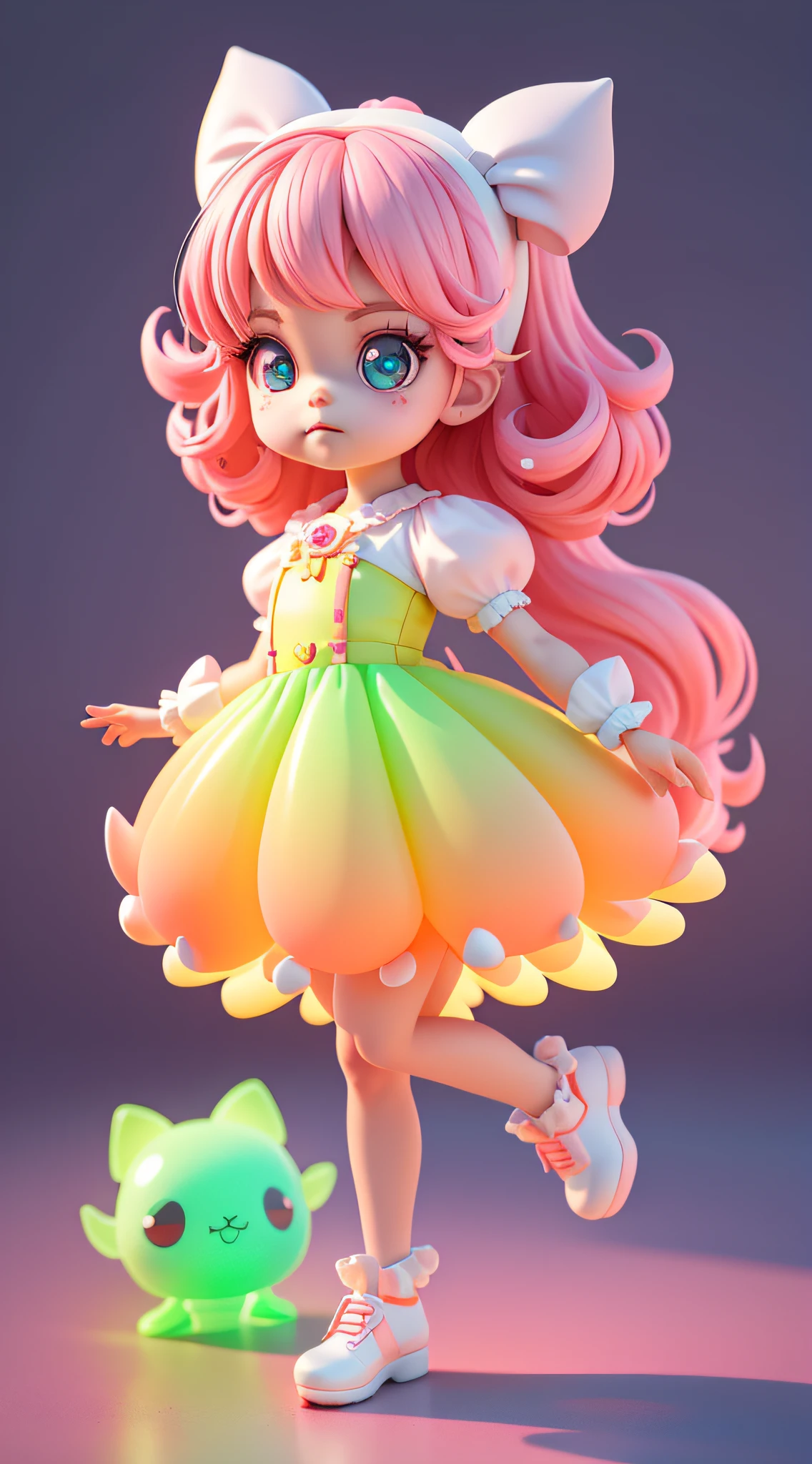 Detailed plastic materials, ((same character, front, side, back)) best quality, (very detailed model), (best quality), octane rendering, ray tracing, very detailed, 3D toys , exaggerated huge hair,  girl (full body) (3D hair, cute hair accessories, ((children)), beautiful eyes, cute big eyes, cute face, pink-green gradient, drum skirt, cute skirt, chib, fluorescent half Transparent, colorful, plastic, children, transparent, product design, luminous jelly, exquisite and cute plastic, beautiful light and shadow 3d, digital art, translucent plastic bubble gum, close-up, 3d, ultra-detailed, generate front view, side view, rear view three views , Borderless, c4d, Octane rendering, Blender, HD, full body, simple background!