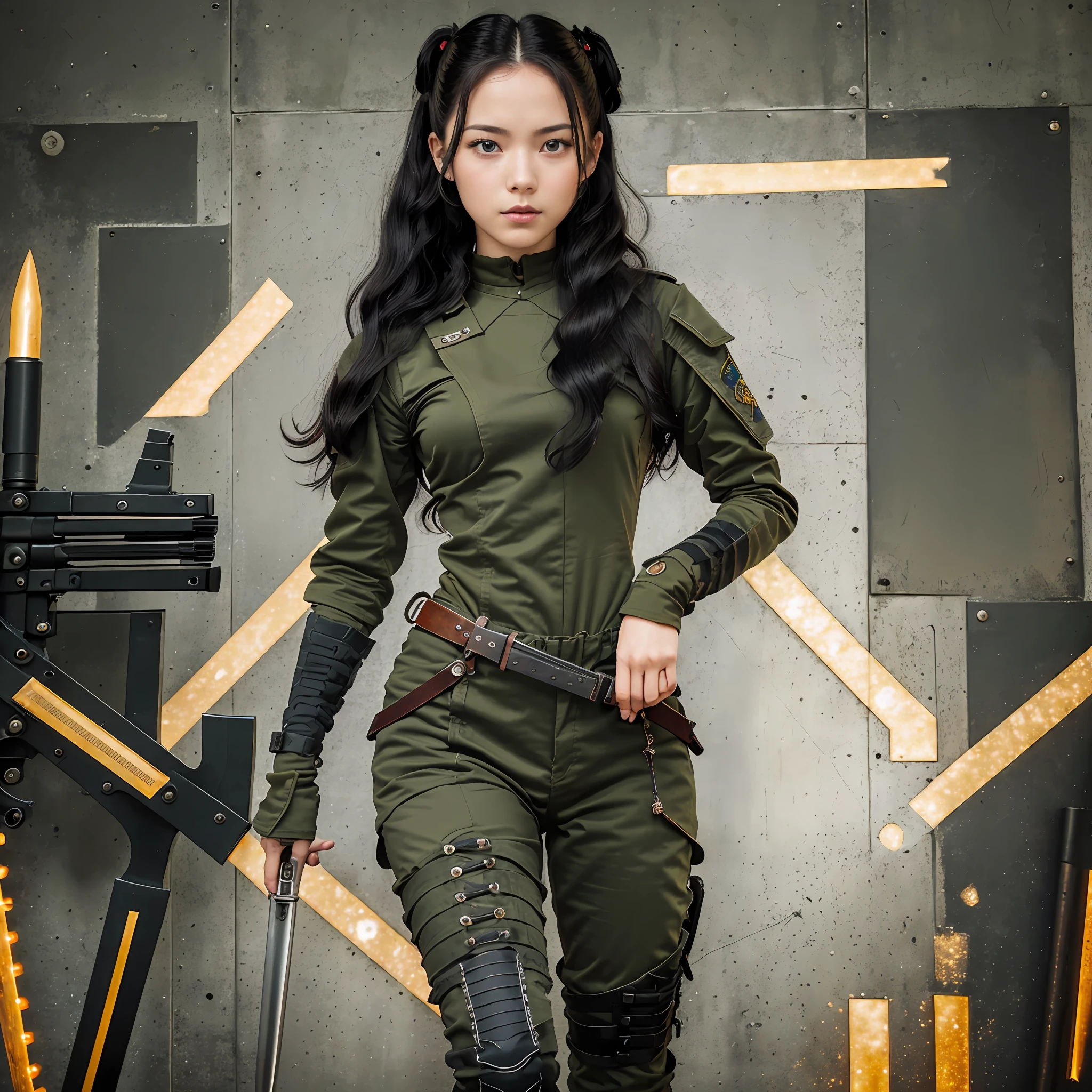 (Real), Full body , (1 girl) , (Solo) , (Frame head) , 18 years old, Standing , Medium hair , Black hair , Light smile , (Black and Red Military Gothic) , (Military Weapons) , (Military Weapons) , Daggers, Dual wielding , Natural makeup , Masterpiece, Beautiful face, Beautiful woman, Beautiful eyes, So cute, Princess Eyes, 8k , Stage , Bright, Human Hand, Elegant, Dynamic, Very Detailed, smooth and detailed hairstyle , --auto --s2