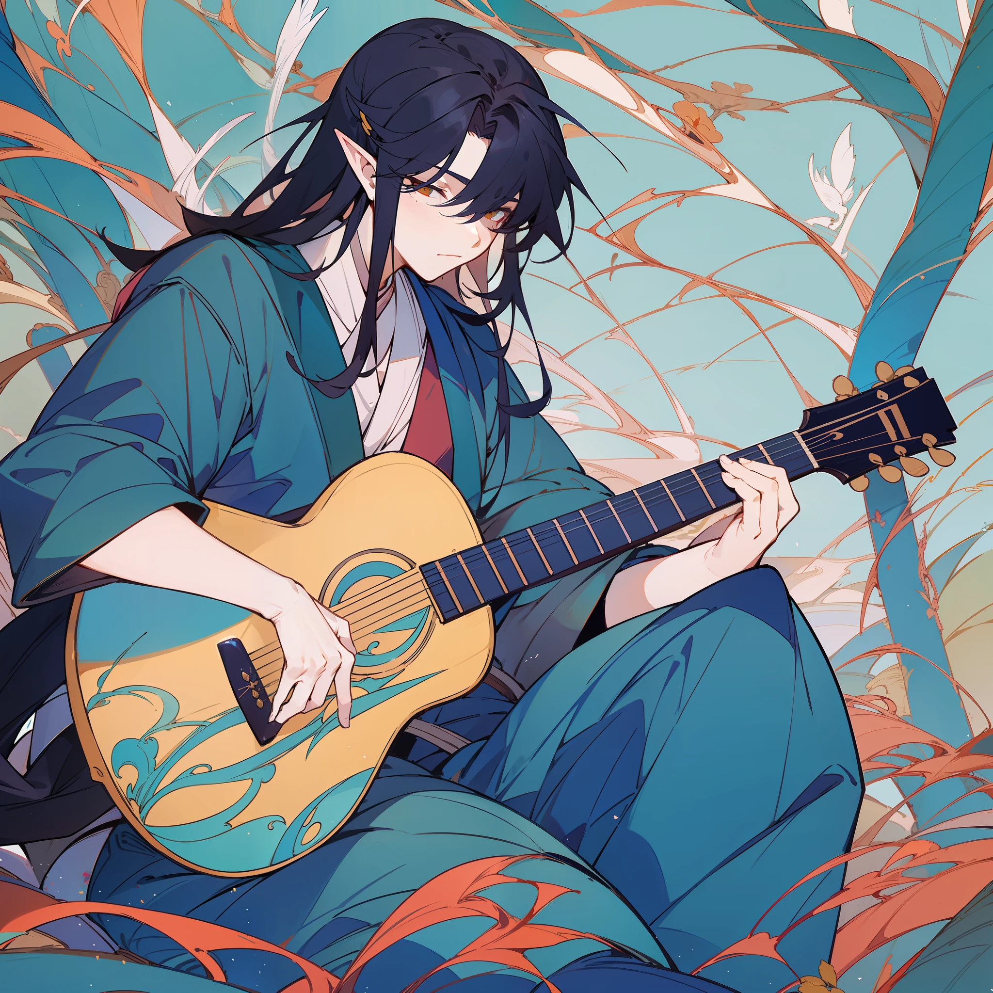 a man sitting on a rock playing a guitar, (beautiful male god of death, skull head), artwork in the style of guweiz, forest elf bard playing lute,  by Yang J, by Qu Leilei, by Li Song, by Song Xu, by Yang Jin, inspired by Fenghua Zhong, guweiz, by Fan Qi, by Shitao