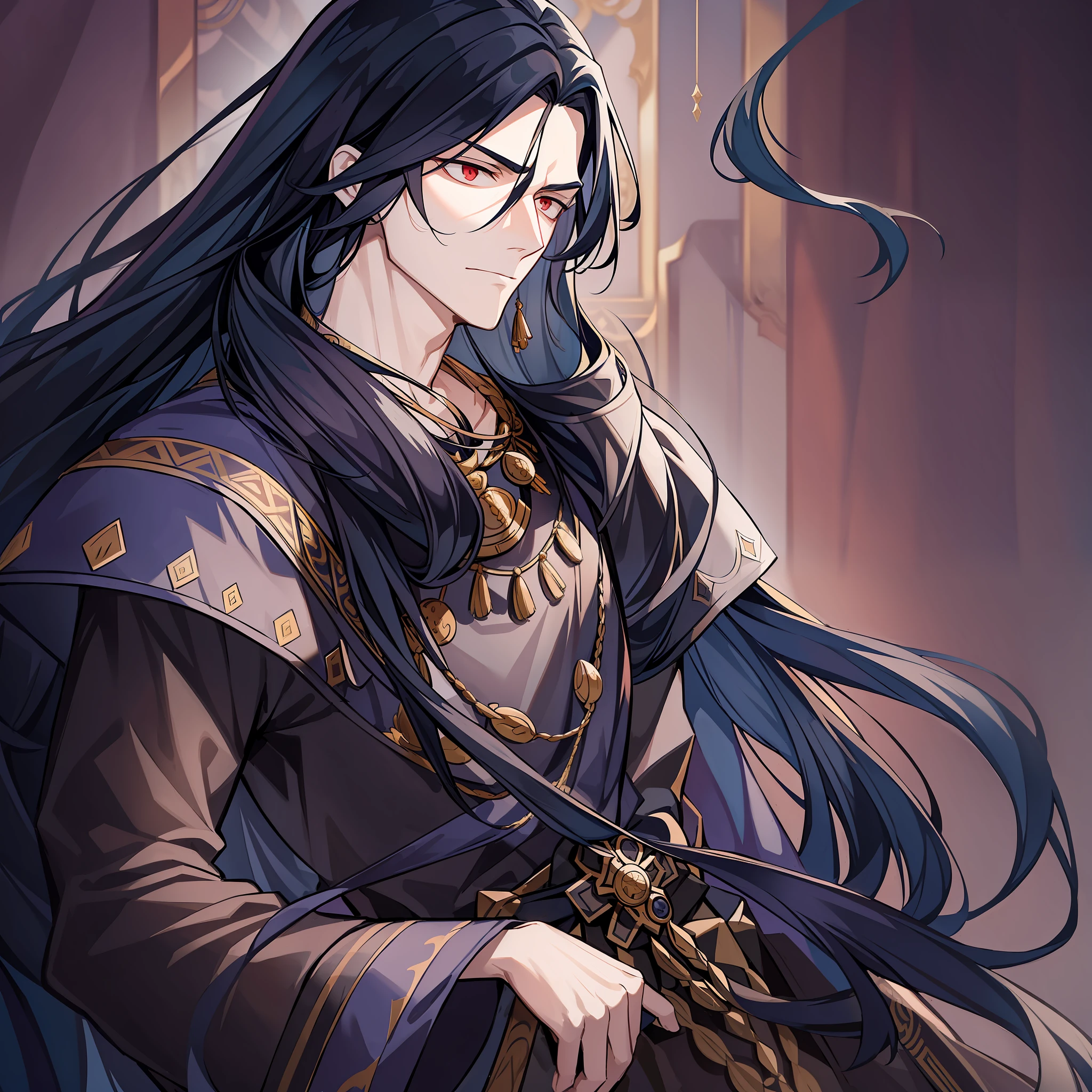 An emperor with long black hair and ancient costume. His posture is tall, and his temperament is arrogant and cold. Long black hair casually hung down on his shoulders, his eyes were cold and proud, and his entire face was shrouded in a layer of mystery. The costumes on his body are gorgeous, but they highlight his mystery and cruelty.