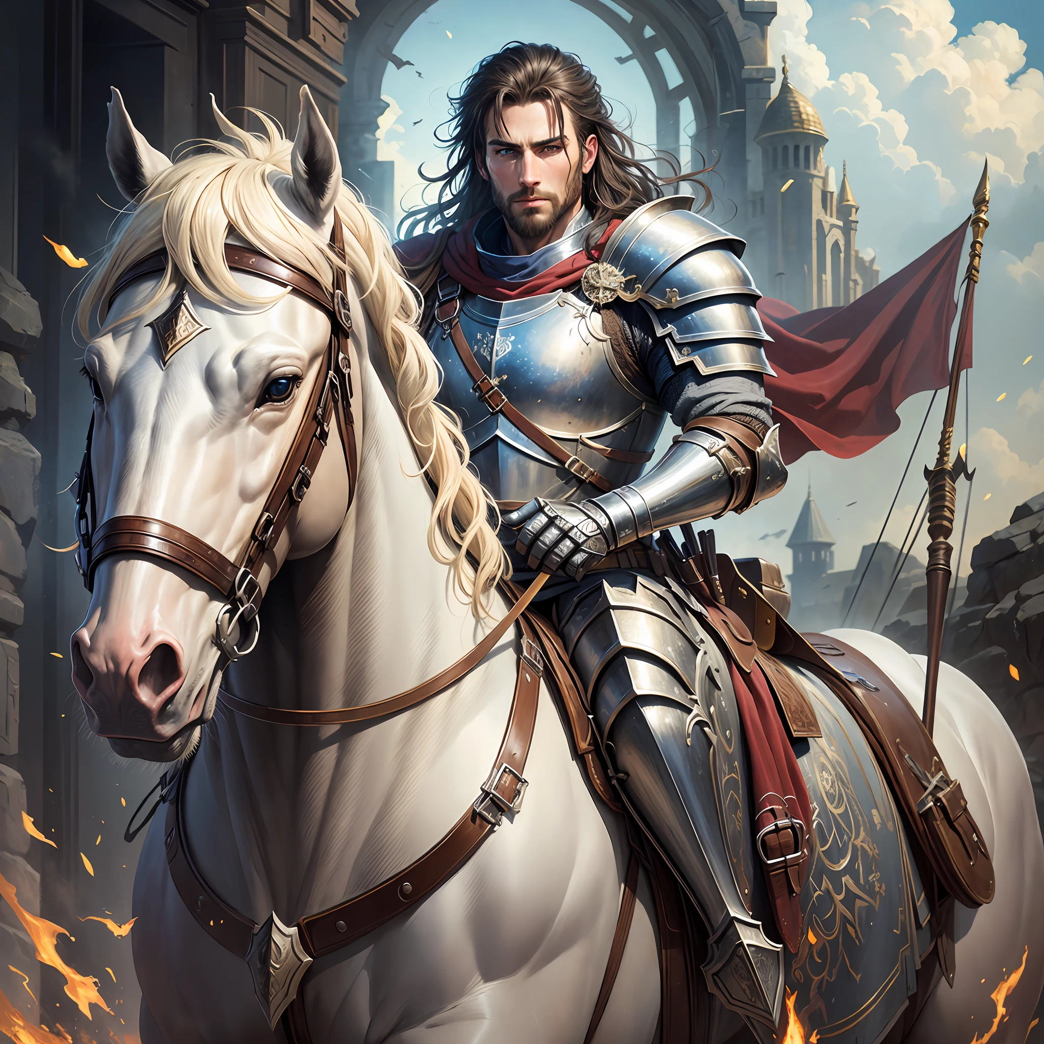 painting, realistic fantasy, clarity, detail 8kk, a heroic knight, handsome face, resolute expression, dressed in gorgeous armor, riding a war horse, gorgeous horse armor, holding a long gun in his hand, a battle flag hanging on the spear, an oil painting.