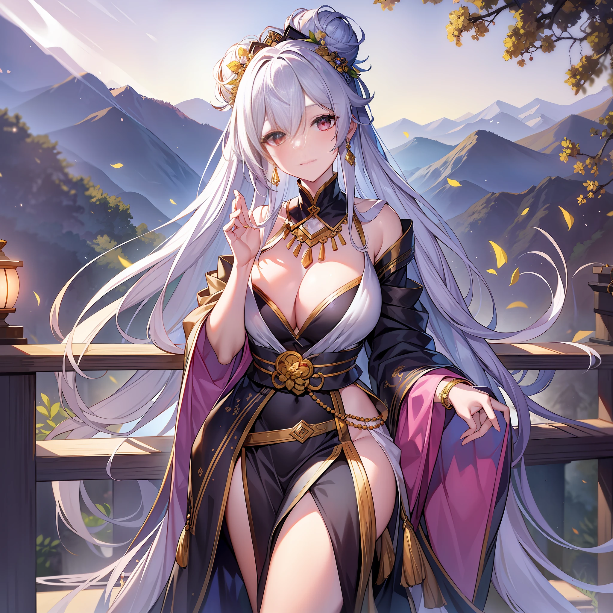The fox emperor was dressed in a white silk robe, her long hair fell to her knees, and a snow-white hair was fixed in an autumn moon-colored bun. She looked down at the strings, her fingers gently stroked the strings, the corners of her mouth rose slightly, her eyes looked away, and she was calm, exuding a gentle and peaceful atmosphere. Her bead-encrusted gold belt frames her figure, and her silver earrings, necklaces and bracelets glow with moonlight. She stood in the beautiful scenery of Qingxi, green mountains, red households, and pines, and the bright moonlight shone on her, reflecting her delicate and noble. The whole environment is full of peace and quiet, making you feel the charm of nature. At this moment, it was the middle of the night, and only the sound of her piano echoed in the silence in the mountains and forests.