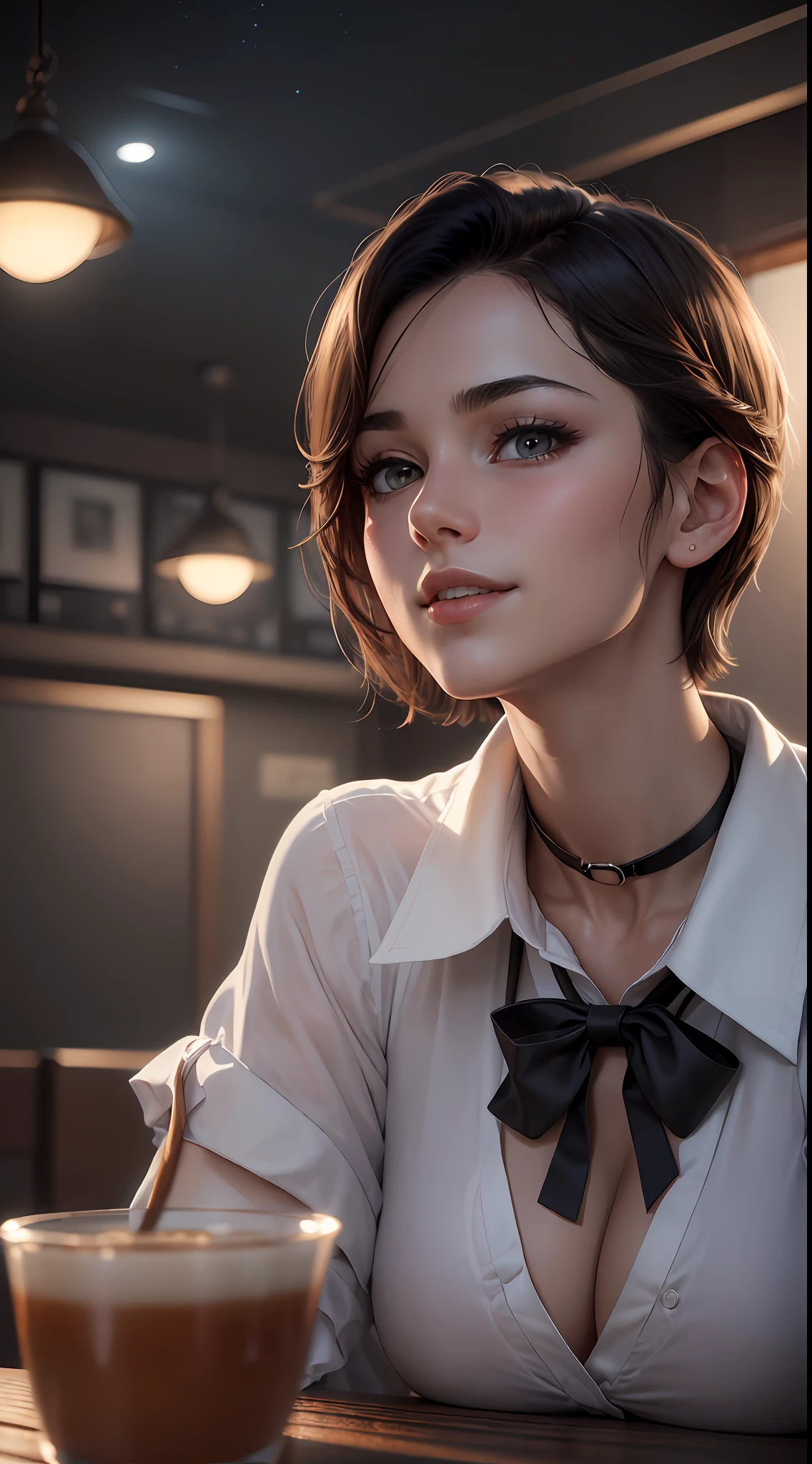 (8k, RAW photo, best quality, master:1.2), (realistic, photo-realistic:1.37), ultra detailed, 1 girl, cute, solo, beautiful detailed sky, detailed cafe, night, sitting, dating, (blushing), (whole body: 1.1), (smile: 1.1), (shut up), big breasts, beautiful and delicate eyes, (buttoned unbuttons, collar shirt: 1.1), bow tie, pleated skirt, (short hair: 1.2), flowing hair, indoor, bed, high contrast, full body proportions, (straddling, stretching legs, slender legs), chest close-up, black stockings,