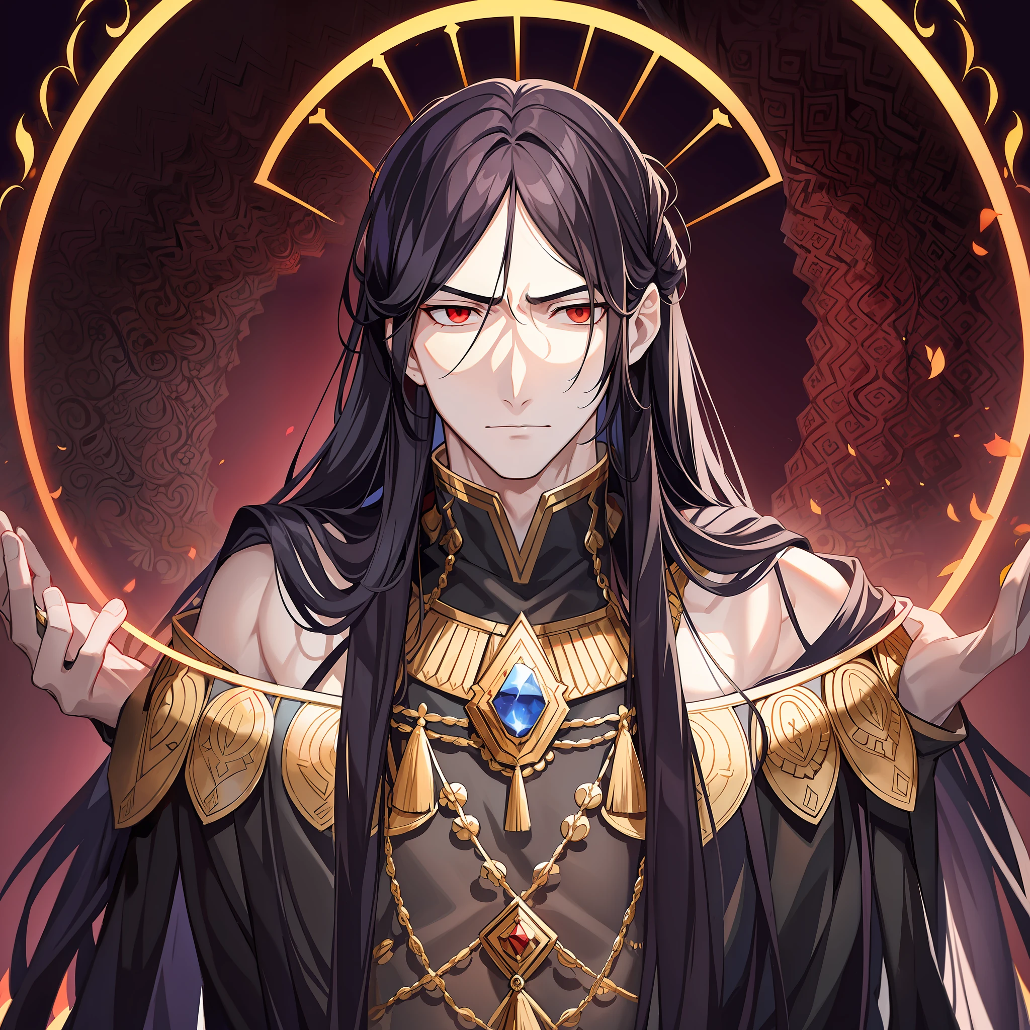 An emperor with long black hair and ancient costume. His posture is tall, and his temperament is arrogant and cold. Long black hair casually hung down on his shoulders, his eyes were cold and proud, and his entire face was shrouded in a layer of mystery. The costumes on his body are gorgeous, but they highlight his mystery and cruelty.