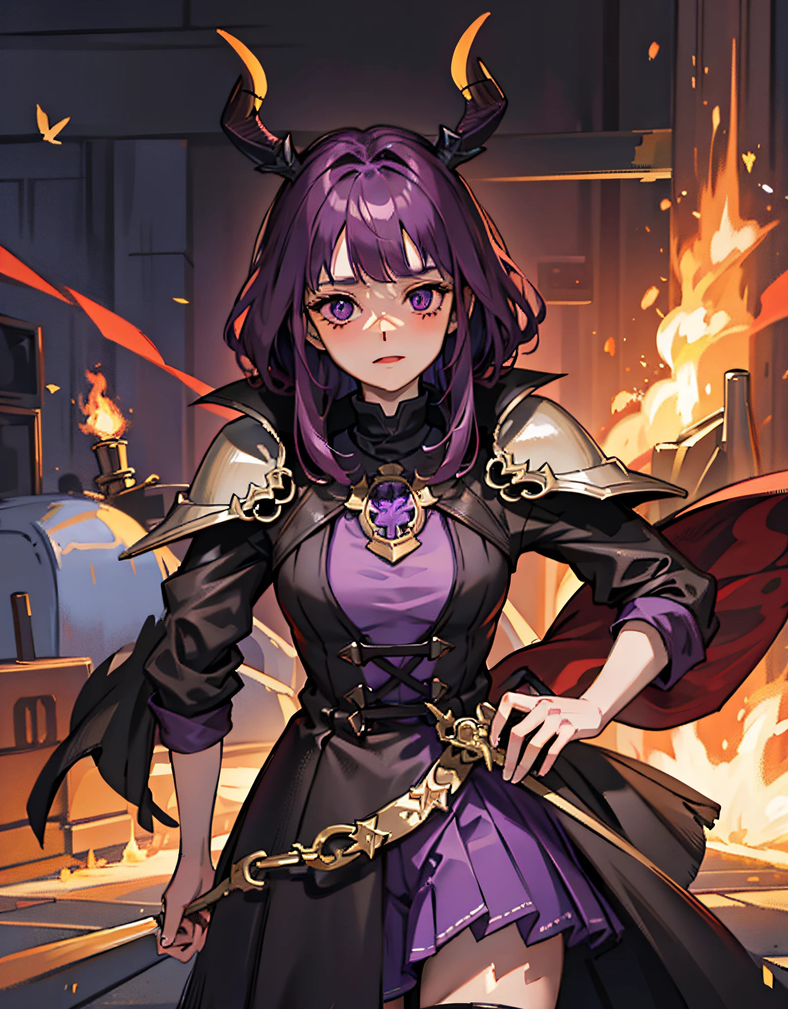 Knight Jackalope, short purple hair, jackalope antlers, dark armor(masterpiece, best quality)