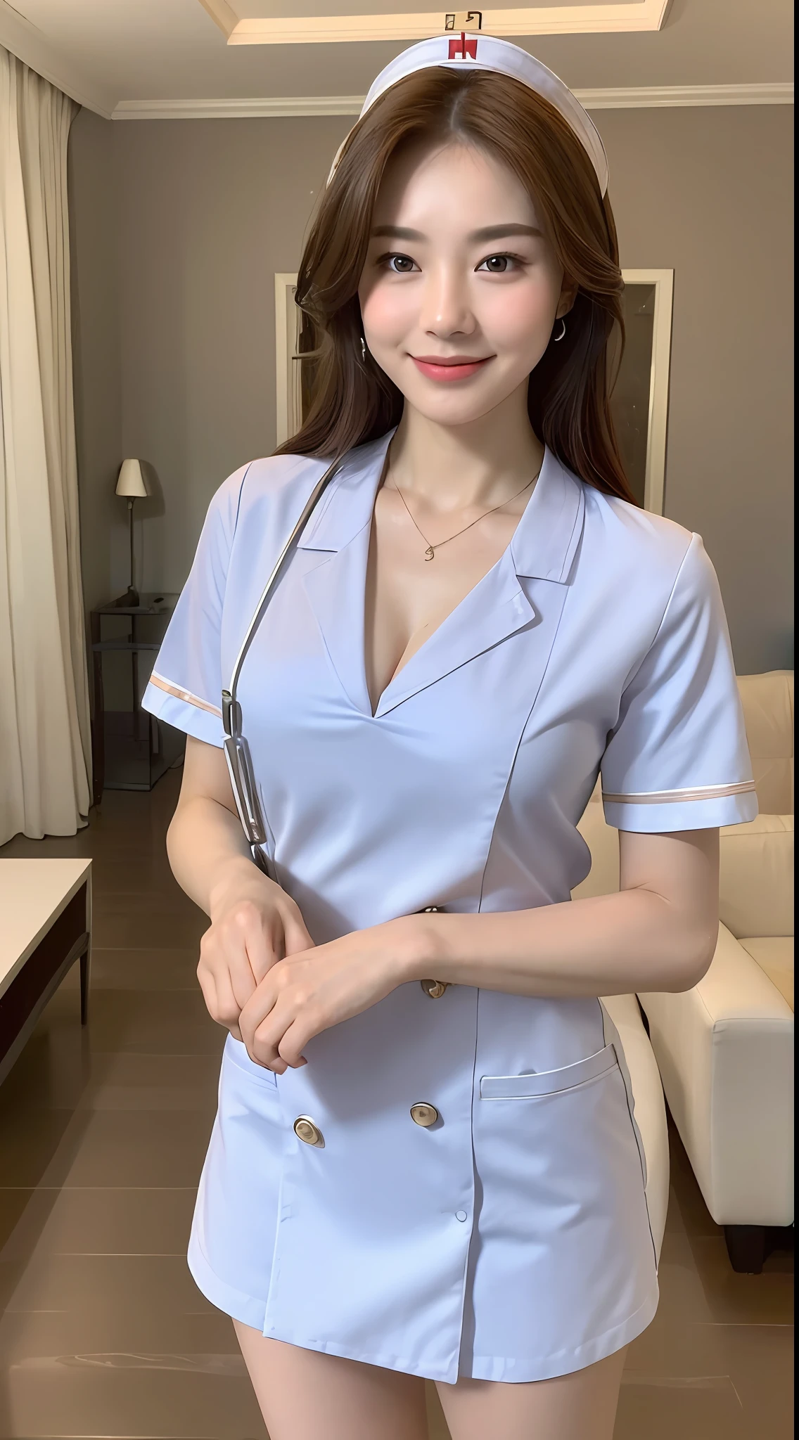 ((Best Quality, 8k, Masterpiece:1.3)), Focus:1.2, Perfect Body Beauty:1.4, Buttocks:1.2, ((Delicate Hair)), (Stylish Nurse Uniform:1.1) ,(Room, living room: 1.3), Highly detailed facial and skin texture, Fine eyes, Double eyelids, Whitening skin, Big breasts, smile, wearing a necklace,