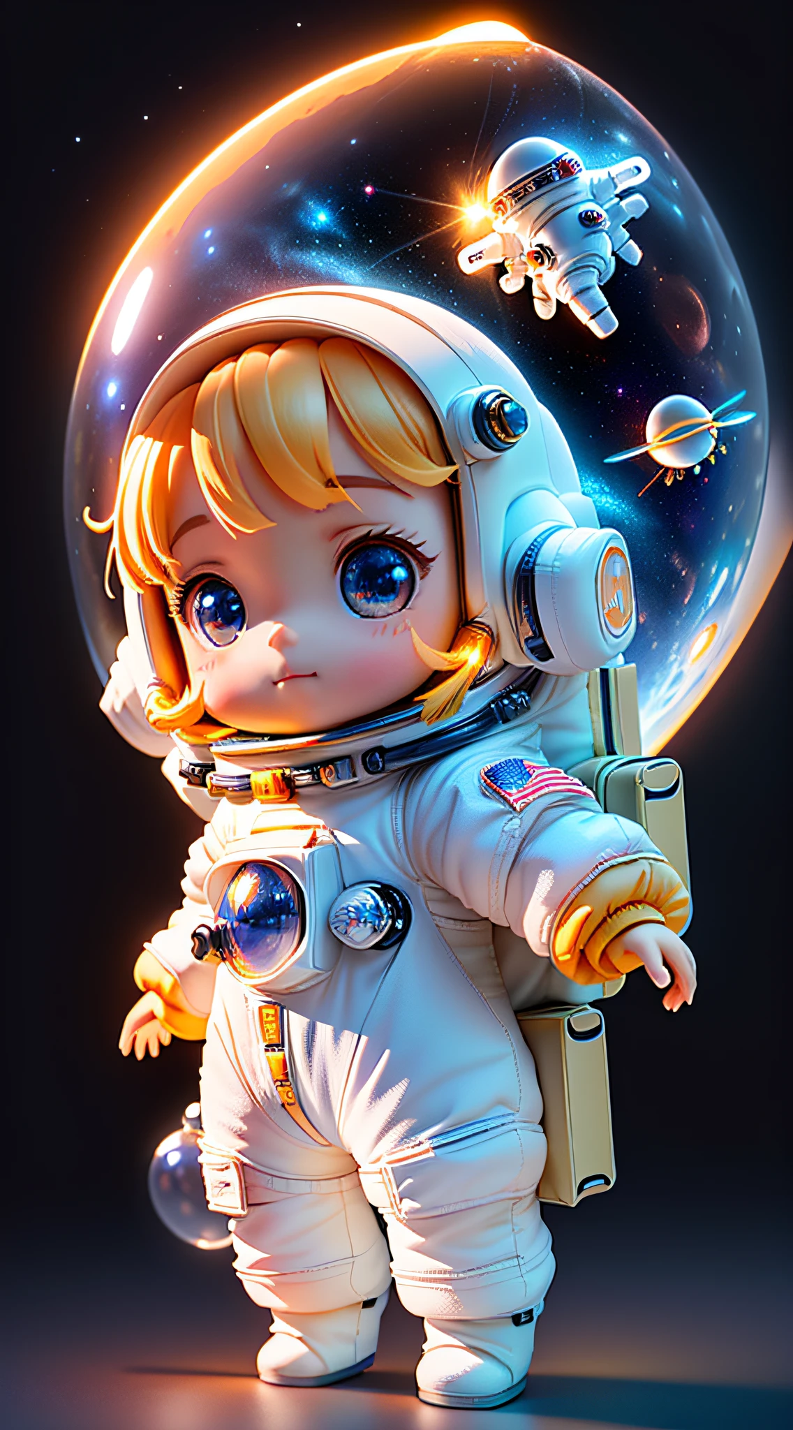 Super cute girl full body 3D picture, 1pc, good looking eyes, big eyes, cute, happy, c4d, pop matt blind box, white long hair, glowing bubbles, toys, solid color background, chibi, fluorescent translucency, luminous body, kawaii, doll, (((astronaut, spacesuit))), reference table, pop mart blind box, Pixar, complex details, 3d rendering, blender, OC renderer, fol body reference sheet, Dribble, High Details, 8K, Studio Lighting, Loli, Petite, Child, Chibi, SD characters: 1.1, Magic Space Warehouse background