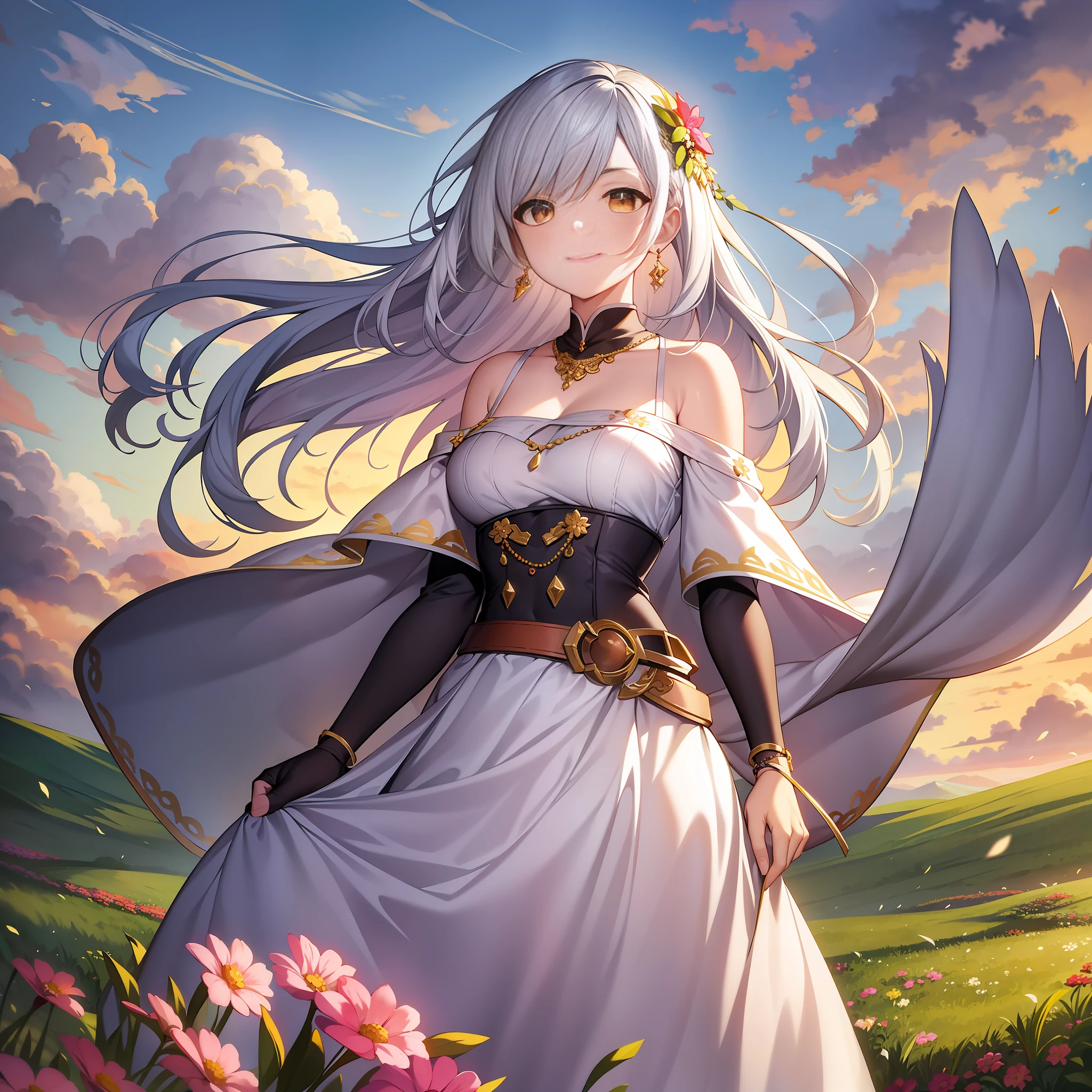 Character expressions: smile, eyebrows raised, bright eyes
Hairstyle and color: long hair shawl, white
Dress style and color: white off-the-shoulder bandeau skirt, neckline, long skirt, high waist, belt embellished with fox tail hair, skirt and chest embroidered fox pattern
Accessories on the figure: gold earrings, white necklace, and a folding fan with rubies on the belt
Character posture: hands on the waist, shoulders slightly back
The environment: a splendid grassland on the hills, a few soaring gray eagles in the sky, clouds floating leisurely, and the sunlight shining on the woman in white through the clouds, which is particularly bright
Atmosphere: harmony and tranquility
Environmental characteristics: green grass, mixed flowers blooming
Environmental time: Dusk, sunset on the grassland