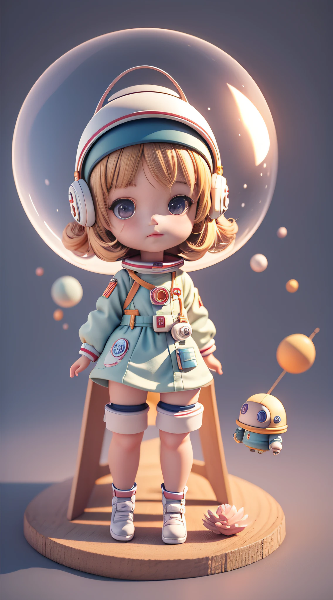 Toy with a little doll with a helmet, cute 3d render, cute detailed digital art, female explorer mini cute girl, cute digital painting, stylized 3d render, cute digital art, cute render 3d anime girl , the little astronaut looks up, cute! c4d, portrait anime space cadet girl, sitting on a white pedestal