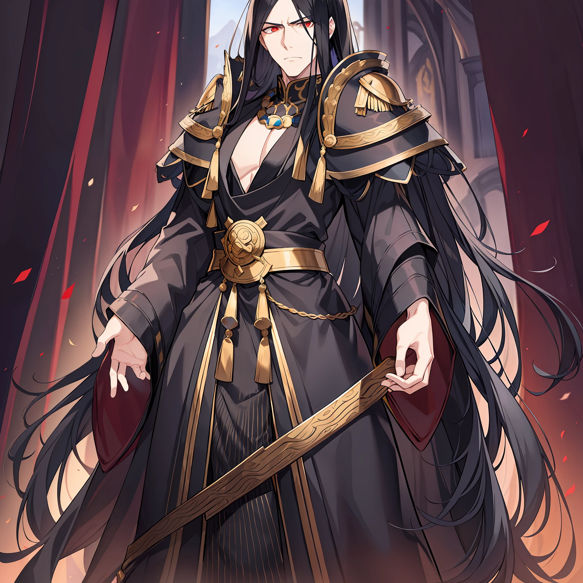 An emperor with long black hair and ancient costume. His posture is tall, and his temperament is arrogant and cold. Long black hair casually hung down on his shoulders, his eyes were cold and proud, and his entire face was shrouded in a layer of mystery. The costumes on his body are gorgeous, but they highlight his mystery and cruelty.