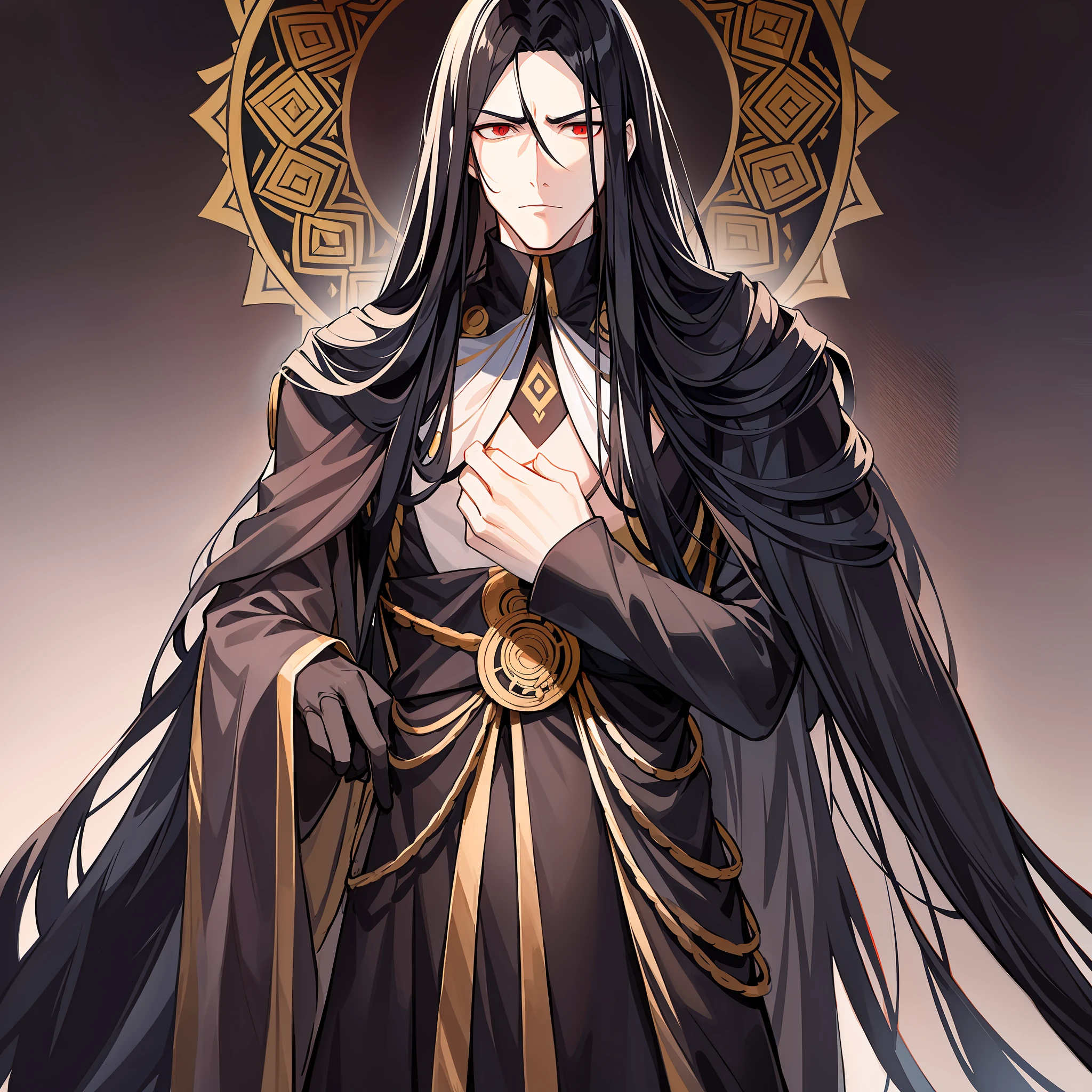 An emperor with long black hair and ancient costume. His posture is tall, and his temperament is arrogant and cold. Long black hair casually hung down on his shoulders, his eyes were cold and proud, and his entire face was shrouded in a layer of mystery. The costumes on his body are gorgeous, but they highlight his mystery and cruelty.