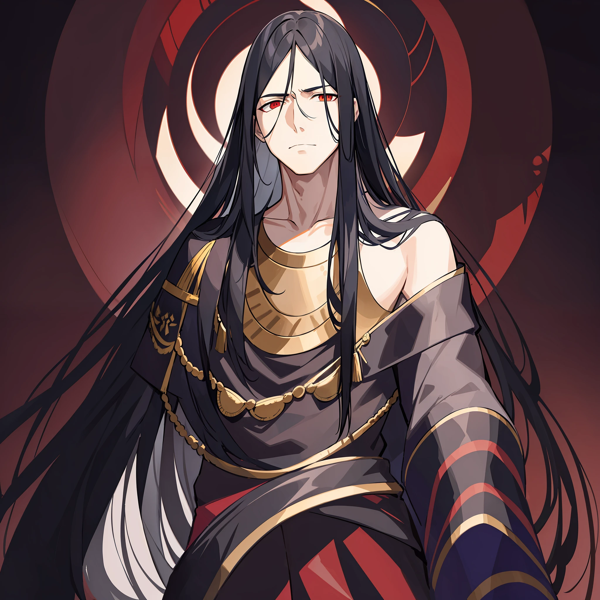 An emperor with long black hair and ancient costume. His posture is tall, and his temperament is arrogant and cold. Long black hair casually hung down on his shoulders, his eyes were cold and proud, and his entire face was shrouded in a layer of mystery. The costumes on his body are gorgeous, but they highlight his mystery and cruelty.