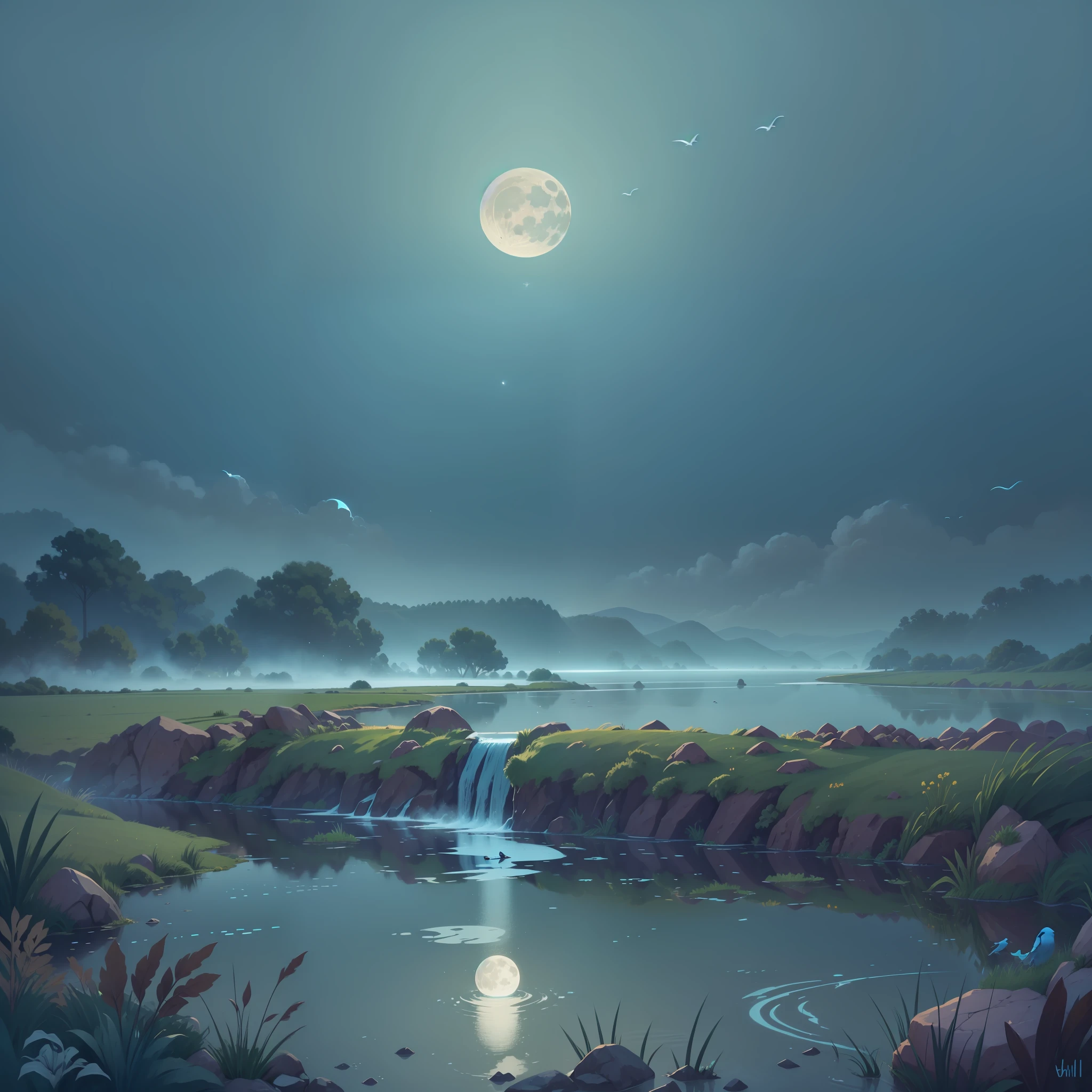 Water is stored in the river, birds set slowly, birds fly over the plain fields, a thin mist covers the water, and then a faint bend of the moon rises, and the blue firmament casts a cool glow.