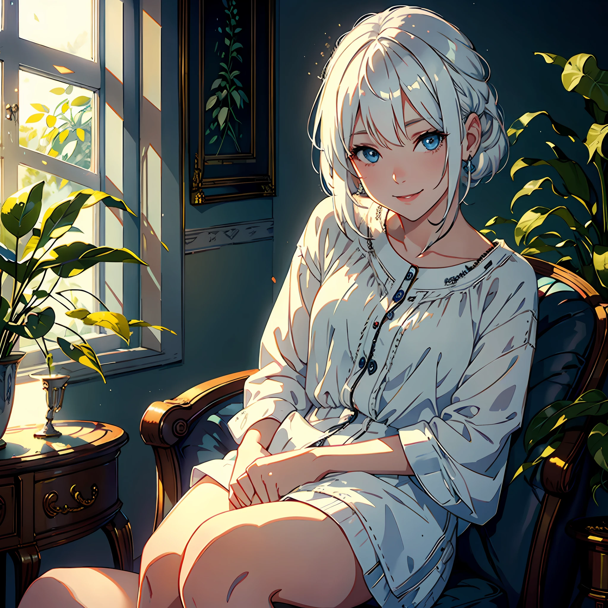 White-haired girl sitting on sofa, smiling with excited expression, high-quality illustrations, indoor light and shadow effects during the day, subject emphasis, warm and healing atmosphere.