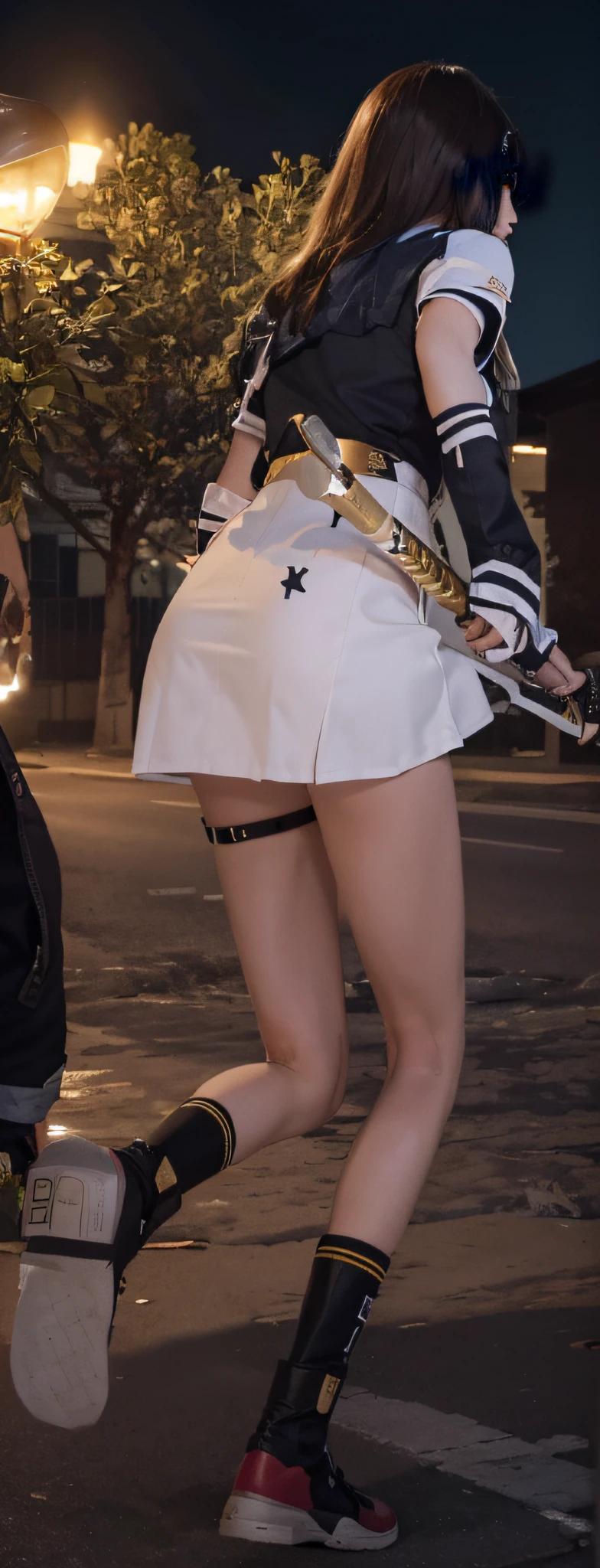 1girl, a girl in a K uniform, holding a high-tech katana in her hand, night view, a street lamp shining on the edge of the character in the upper left, sexy back, delicate skin, upper body, close-up, 8k, RAW photos, best picture quality, masterpiece, realism, realism, divided bangs, long hair,