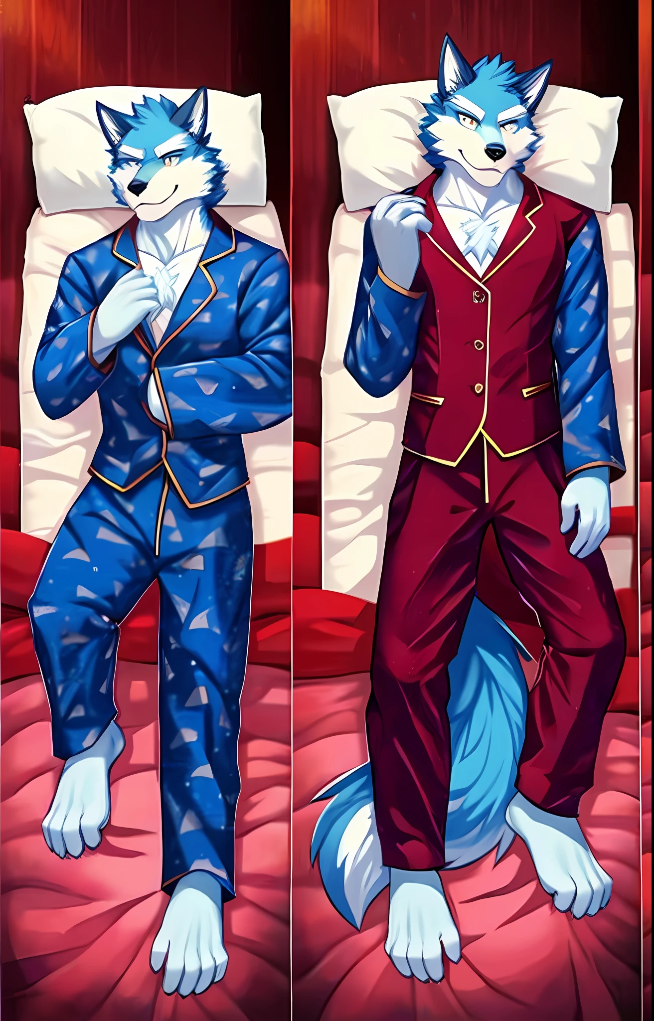 (masterpiece, best quality, detailed), dakimakura, bed, sheets, solo, full body, lying down, on the back, original costume, pajamas , origin, solo, wolf,