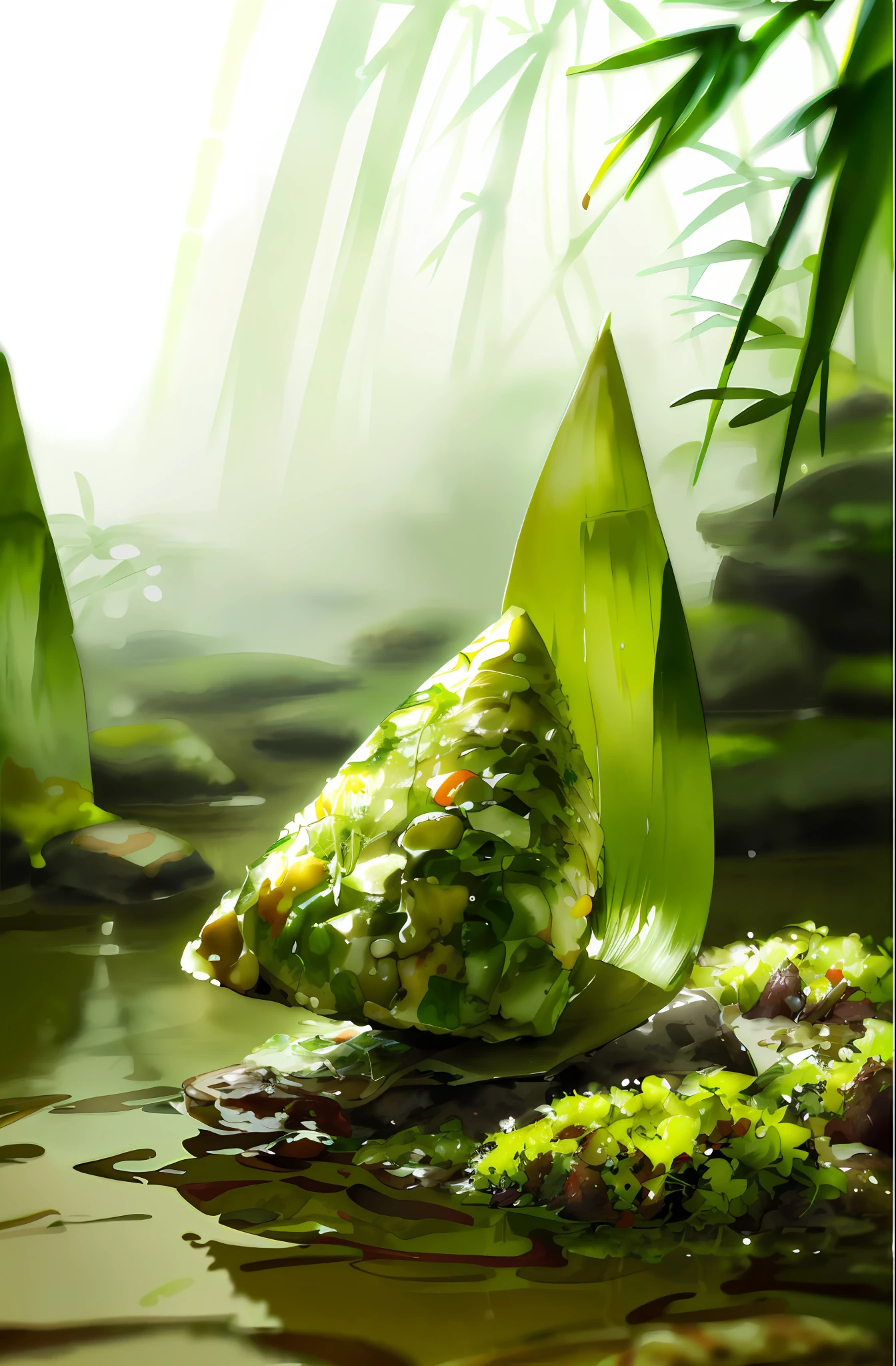 (There is a piece of food on the leaves on the rock, meat dumplings, rice, bamboo leaves), (moss), water, stones inspired by Kishi Ganku, trending, ultra-realistic food pictures, food advertising 4 k,,Chiba majestic, delicious, Illar Kinadar, ❤🔥🍄🌪 ((highest image quality)), ((masterpiece quality)), ((complex and delicate))