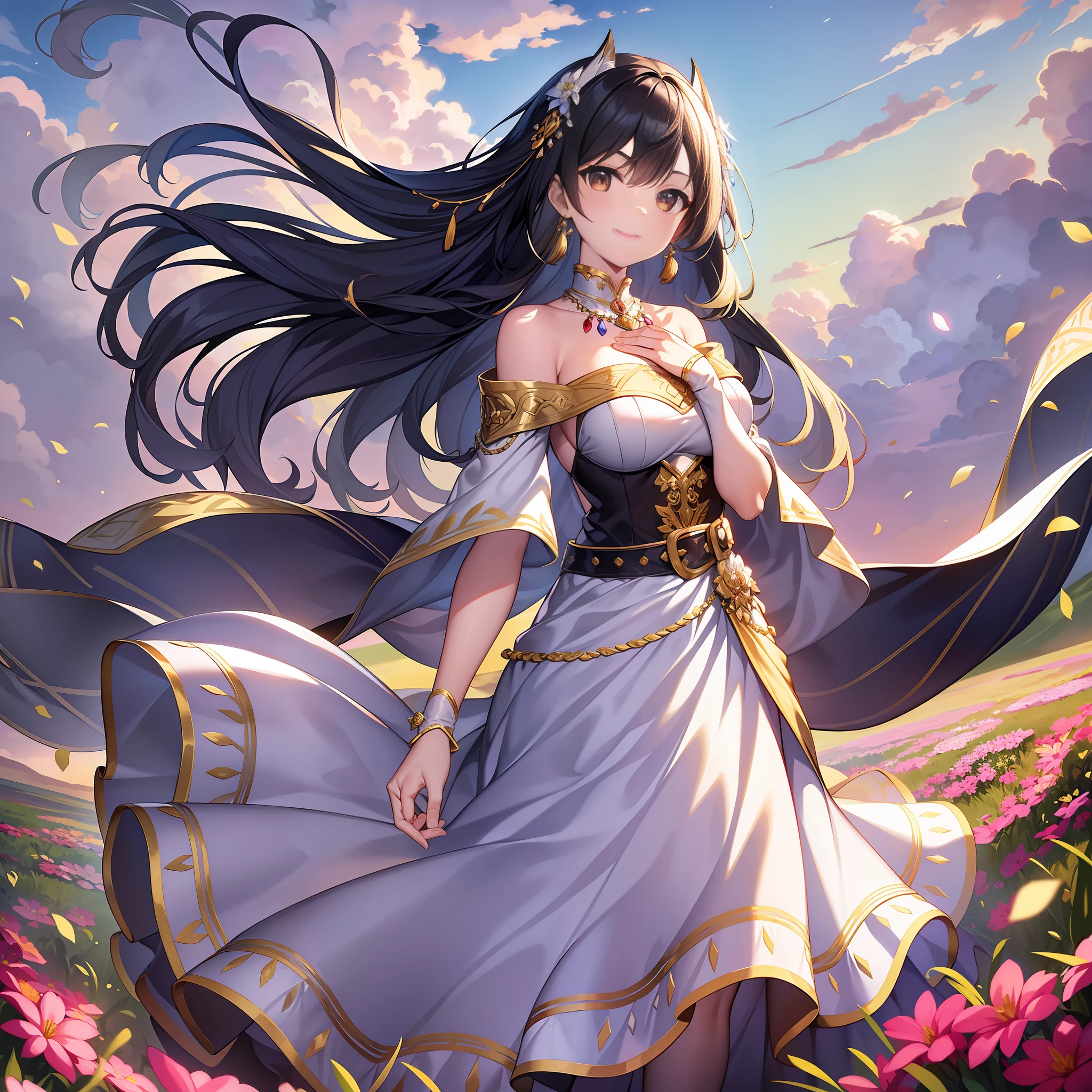 Character expressions: smile, eyebrows raised, bright eyes
Hairstyle and color: long hair shawl, white
Dress style and color: white off-the-shoulder bandeau skirt, neckline, long skirt, high waist, belt embellished with fox tail hair, skirt and chest embroidered fox pattern
Accessories on the figure: gold earrings, white necklace, and a folding fan with rubies on the belt
Character posture: hands on the waist, shoulders slightly back
The environment: a splendid grassland on the hills, a few soaring gray eagles in the sky, clouds floating leisurely, and the sunlight shining on the woman in white through the clouds, which is particularly bright
Atmosphere: harmony and tranquility
Environmental characteristics: green grass, mixed flowers blooming
Environmental time: Dusk, sunset on the grassland