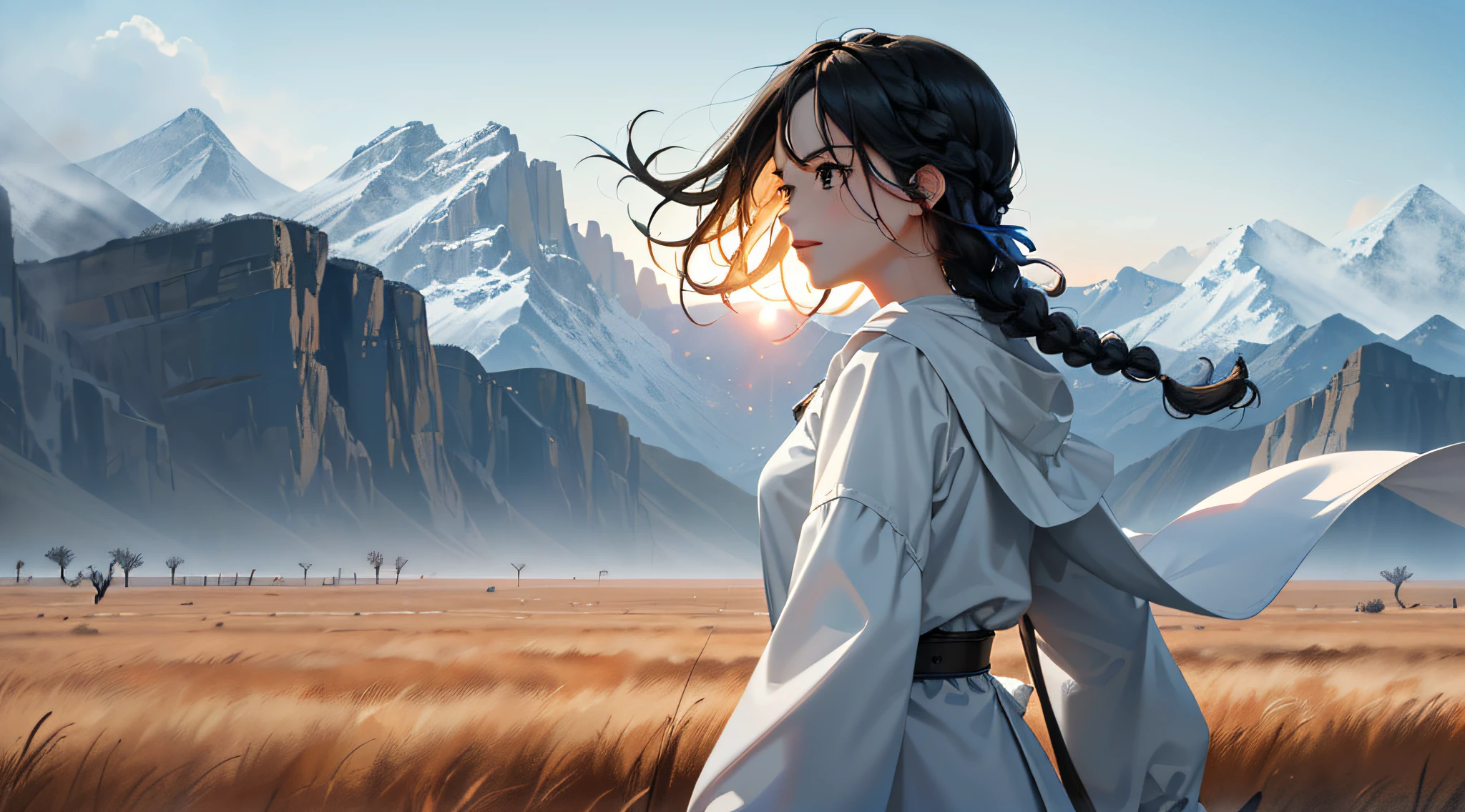 Movie Poster,Single,Most Real,Highest Resolution,Face Resolution,(((Braid Hairstyle: 1.5)),Science Fiction,Sci-Fi,Based on the movie Foundation,View from Front,Angry,(Middle-aged Adult:1.3),40-year-old woman,Black one-sided hairstyle,Brown eyes,(Based on white scientist set :1.5),Filed in the middle of an open grassland with a breeze blowing,Top quality images