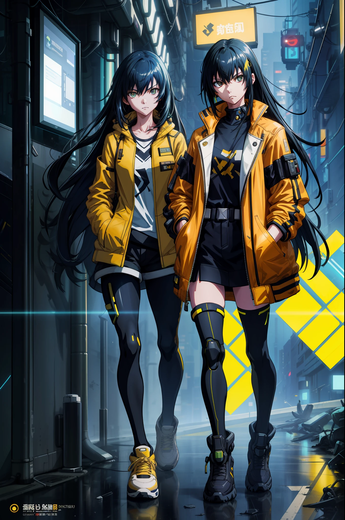 A girl, yellow jacket, black stockings, hands in pockets, staring at another person, messy long hair, cyberpunk, 8k resolution, very detailed, anatomically correct, digital painting, concept art, Makoto Shinkai style, clear picture,
