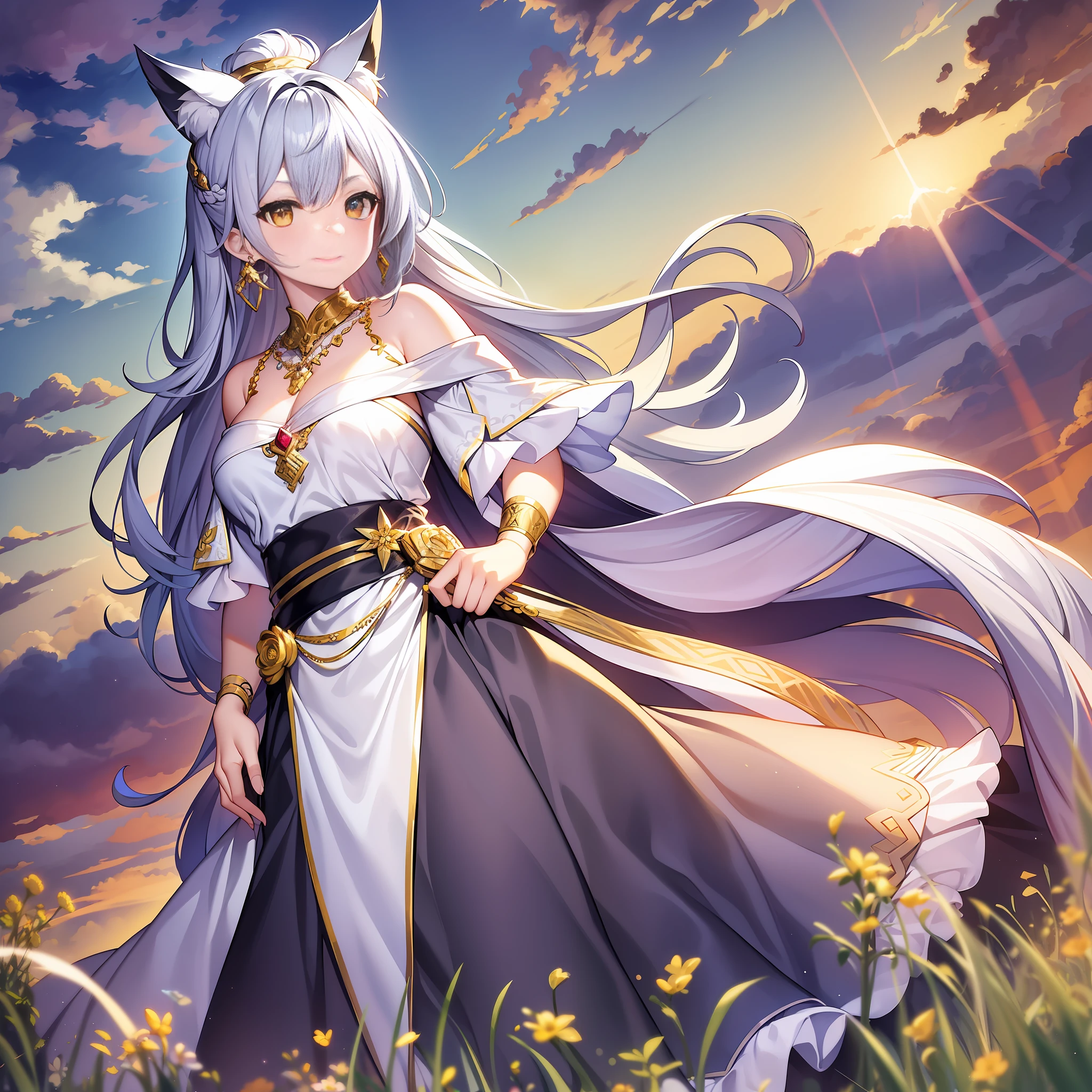 Character expressions: smile, eyebrows raised, bright eyes
Hairstyle and color: long hair shawl, white
Dress style and color: white off-the-shoulder bandeau skirt, neckline, long skirt, high waist, belt embellished with fox tail hair, skirt and chest embroidered fox pattern
Accessories on the figure: gold earrings, white necklace, and a folding fan with rubies on the belt
Character posture: hands on the waist, shoulders slightly back
The environment: a splendid grassland on the hills, a few soaring gray eagles in the sky, clouds floating leisurely, and the sunlight shining on the woman in white through the clouds, which is particularly bright
Atmosphere: harmony and tranquility
Environmental characteristics: green grass, mixed flowers blooming
Environmental time: Dusk, sunset on the grassland