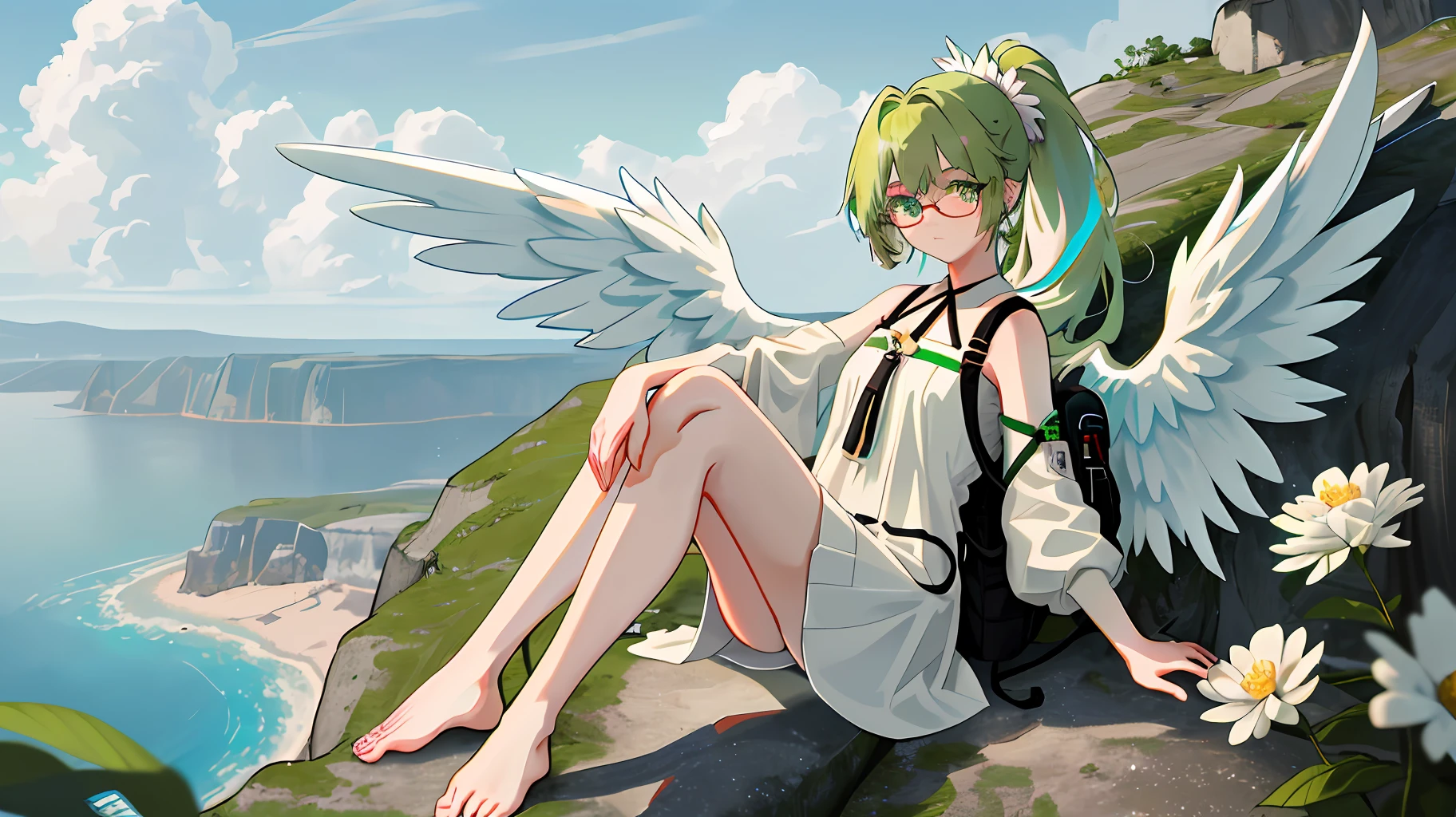 4k, nude, show figure, naked, top quality, masterpiece, no pants, no clothes, glasses, green hair, long hair, green bangs, light green big ponytail, heterochromia, left eye blue pupil, right eye red pupil, left eye blue, right eye red, left eye sapphire, right eye ruby, angel wings, head ring, white head flower, casual wear, black backpack strap, neck strap, bare foot, bare foot, single, ankle ring, leg ring, flat chest, tomboy, outdoor exposure, edge rubbing, leaky flesh, full naked pectoral muscles