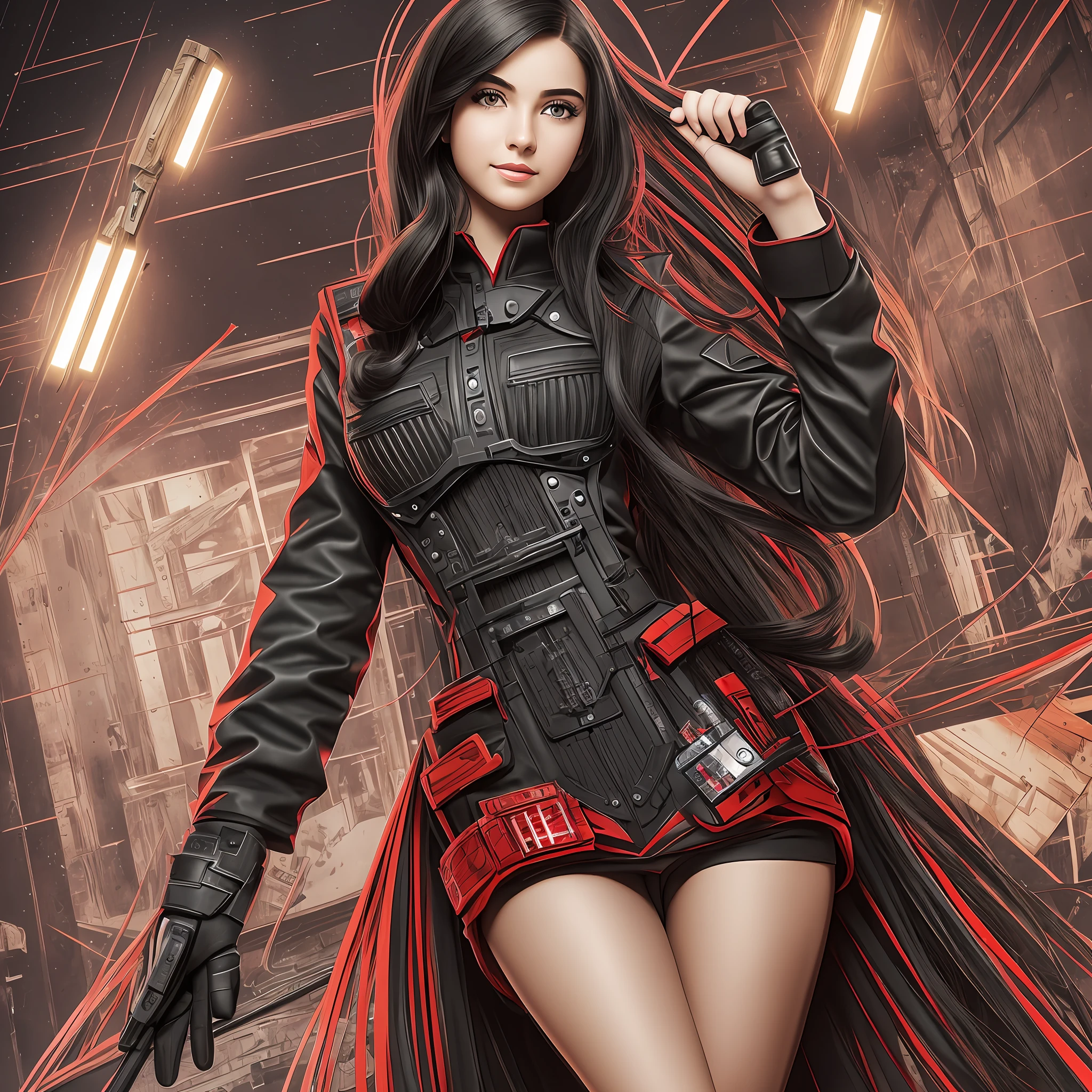 (Real), Full body , (1 girl) , (Solo) , (Head framed) , 18 years old, Standing , Medium hair , Black hair , Light smile , (Black and Red Military Gothic) , Machine gun on your back , Natural makeup , Masterpiece, Beautiful face, Beautiful woman, Beautiful eyes, So cute, Princess eyes, 8k , Stage , Bright, Human hand, Elegant, Dynamic, Very detailed, Smooth and detailed hairstyle , --auto --s2