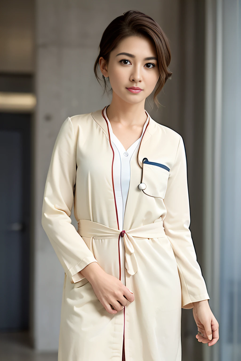 (airport:1), afternoon, (doctor gown:1.5), bright brown fringe short hair, light brown eyes, 1girl, 20 years old, innocent, (photorealistic), (intricate details:1.2),(masterpiece, :1.3),(best quality:1.4), (ultra highres:1.2), ultra high res, (detailed eyes), (detailed facial features), HDR, 8k resolution, (lens flare:0.7), turn around, busy on examine report, face viewer