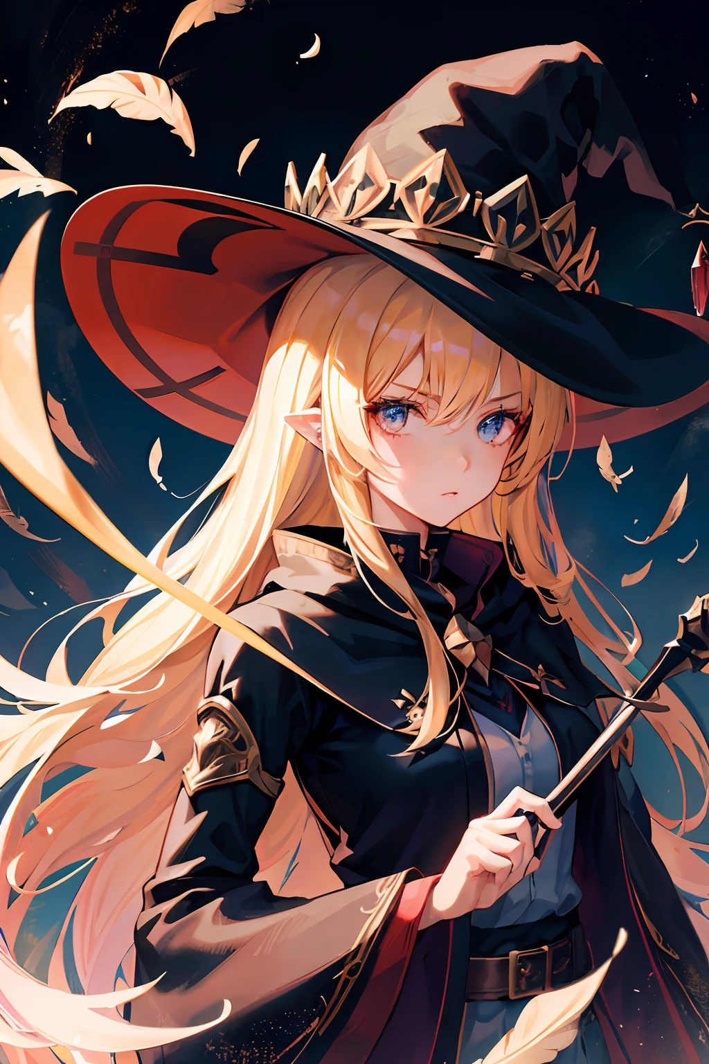 witch, beautiful and detailed girl with beautiful and detailed face with red long hair, anime screencap, Shock sensation, battleing, whole body, from_below, grabbing, extremely detailed body, flat chest, girl,woman,female, young,20 years old, medium hair, flipped hair, asymmetrical bangs, floating hair, red hair, beautiful detailed hair, huge ahoge, beautiful detailed cold face, doyagao, v-shaped_eyebrows, beautiful detailed deep eyes, parted_lips, blonde eyes, witch_hat, feathers made of ice, holding wand, magical_girl, There is battlefield behind the girl, A magnificent scene, detailed ice, detailed shadow, manga cover, very fine 8K CG wallpaper, absurdres, ultra detailed,