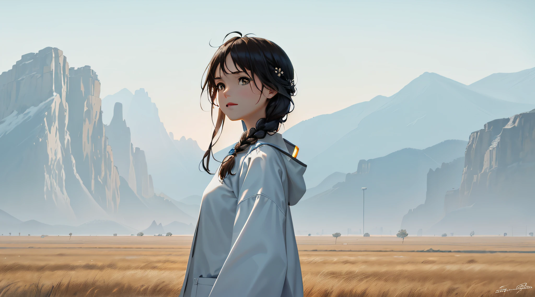 Movie Poster,Single,Most Real,Highest Resolution,Face Resolution,(((Braid Hairstyle: 1.5)),Science Fiction,Sci-Fi,Based on the movie Foundation,View from Front,Angry,(Middle-aged Adult:1.3),40-year-old woman,Black one-sided hairstyle,Brown eyes,(Based on white scientist set :1.5),Filed in the middle of an open grassland with a breeze blowing,Top quality images