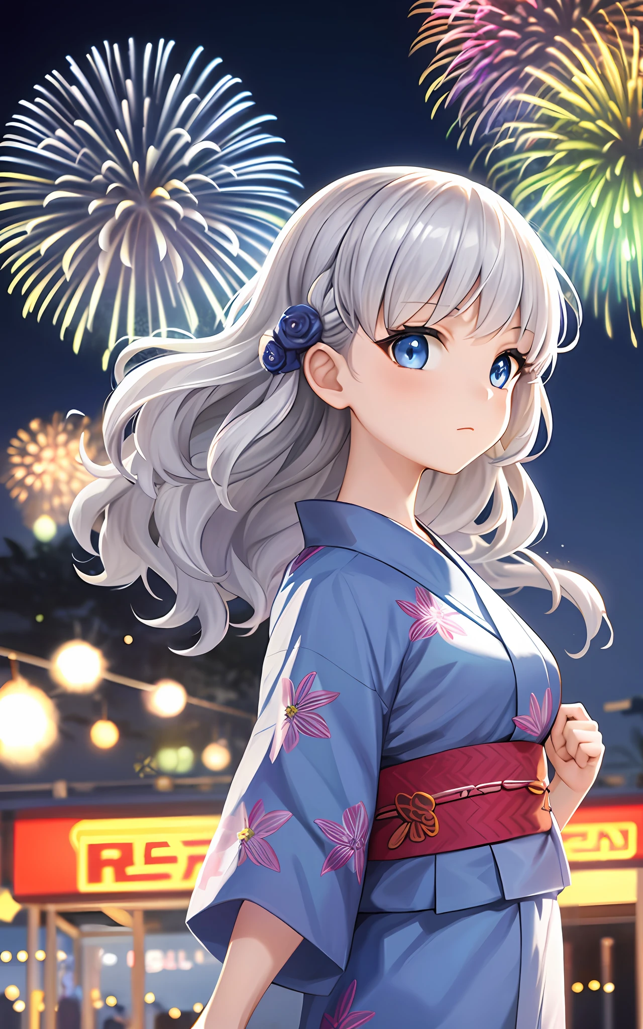 girl, solo, summer festival, silver hair, blue eyes, wavy hair, yukata, night, fireworks, looking up at the sky, huge, yukata mini