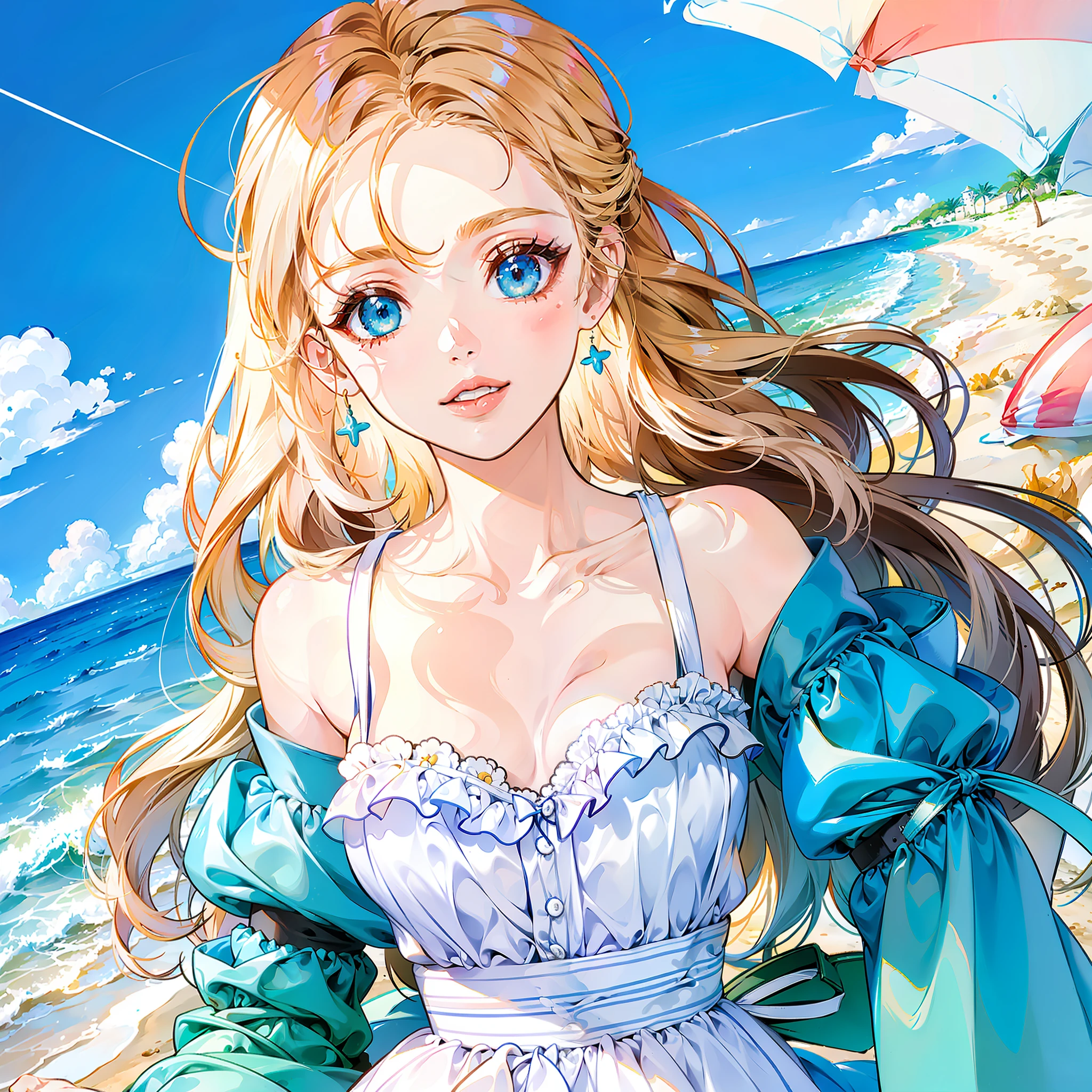 ((masterpiece)), (best quality), (portrait), best resolution, ultra detailed, ((perfect face)), perfect body, (expressive eyes), cute and beautiful girl, ((cute summer clothes)), ((summer colours)), ((beach background))