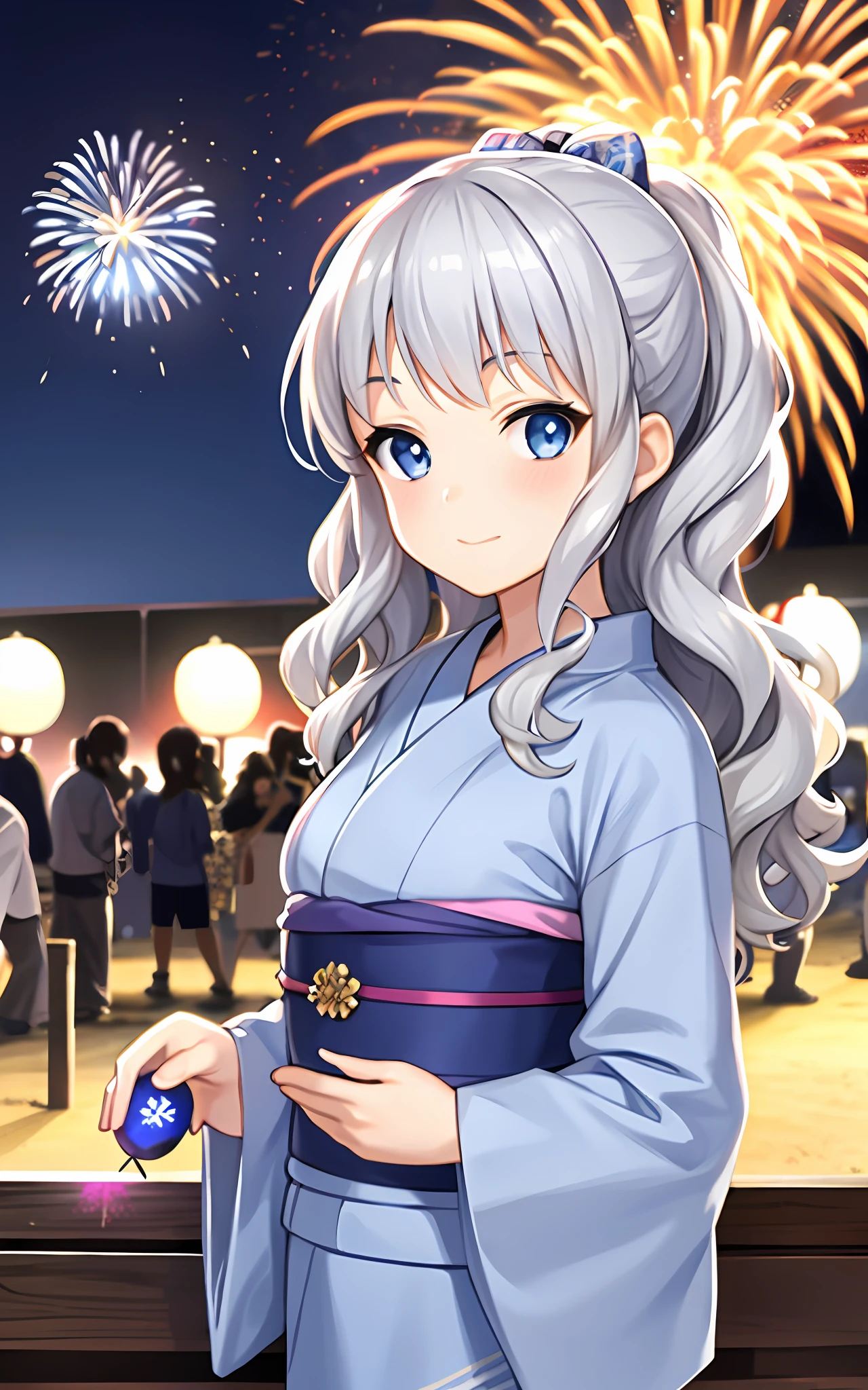 girl, solo, summer festival, silver hair, blue eyes, wavy hair, yukata, night, fireworks, looking up at the sky, huge, yukata mini