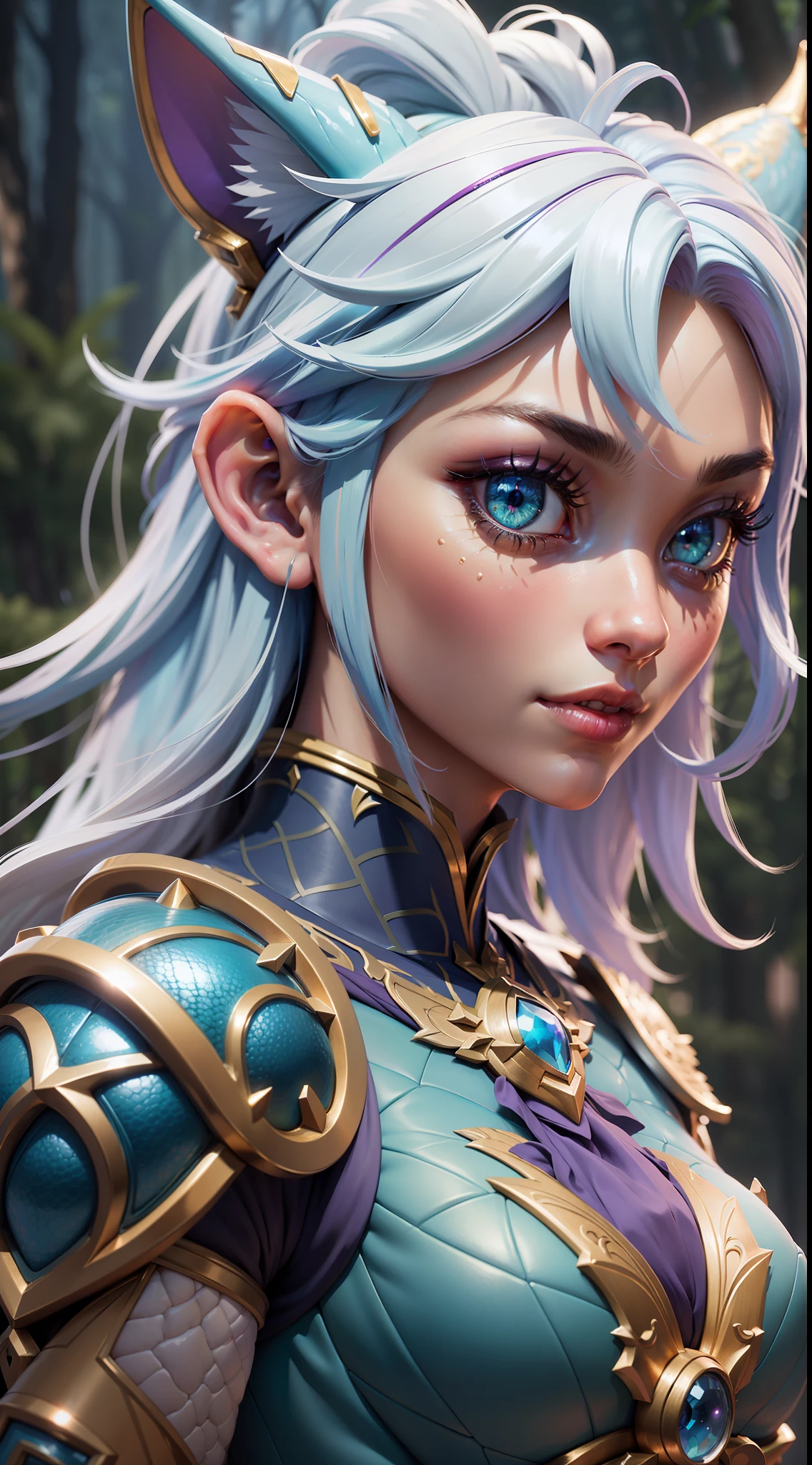 3dmm,girl holding cat, cat ears, chibi, blue, gold, white, purpple, dragon scaly armor, forest background, fantasy style, (dark shot:1.17), epic realistic, faded, ((neutral colors)), art, (hdr:1.5), (muted colors:1.2), hyperdetailed, (artstation:1.5), cinematic, warm lights, dramatic light, (intricate details:1.1), complex background, (rutkowski:0.8), (teal and orange:0.4), colorfull, (natural skin texture, hyperrealism, soft light, sharp:1.2), (intricate details:1.12), hdr, (intricate details, hyperdetailed:1.15), white hair, Negative prompt