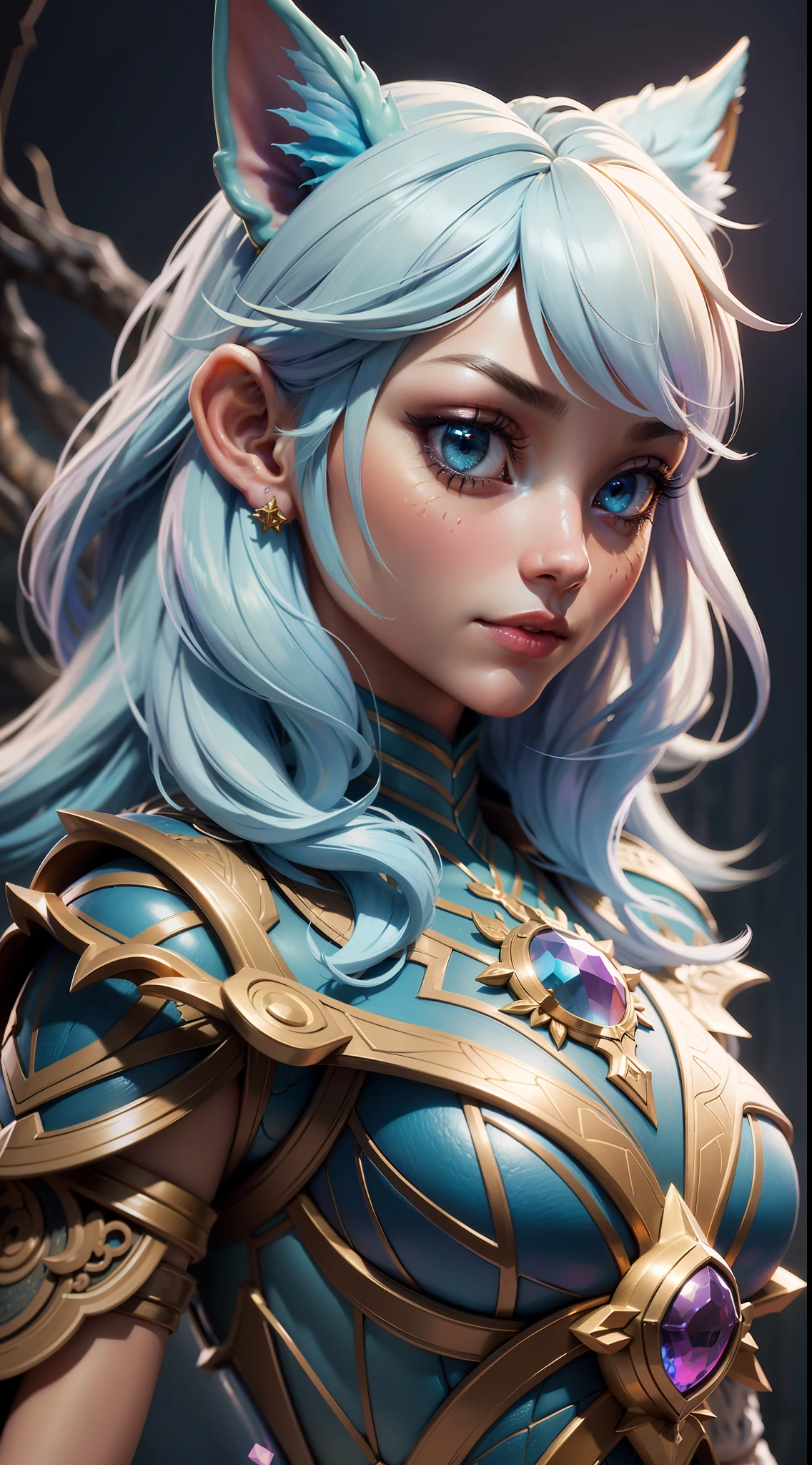 3dmm,girl holding cat, cat ears, chibi, blue, gold, white, purpple, dragon scaly armor, forest background, fantasy style, (dark shot:1.17), epic realistic, faded, ((neutral colors)), art, (hdr:1.5), (muted colors:1.2), hyperdetailed, (artstation:1.5), cinematic, warm lights, dramatic light, (intricate details:1.1), complex background, (rutkowski:0.8), (teal and orange:0.4), colorfull, (natural skin texture, hyperrealism, soft light, sharp:1.2), (intricate details:1.12), hdr, (intricate details, hyperdetailed:1.15), white hair, Negative prompt