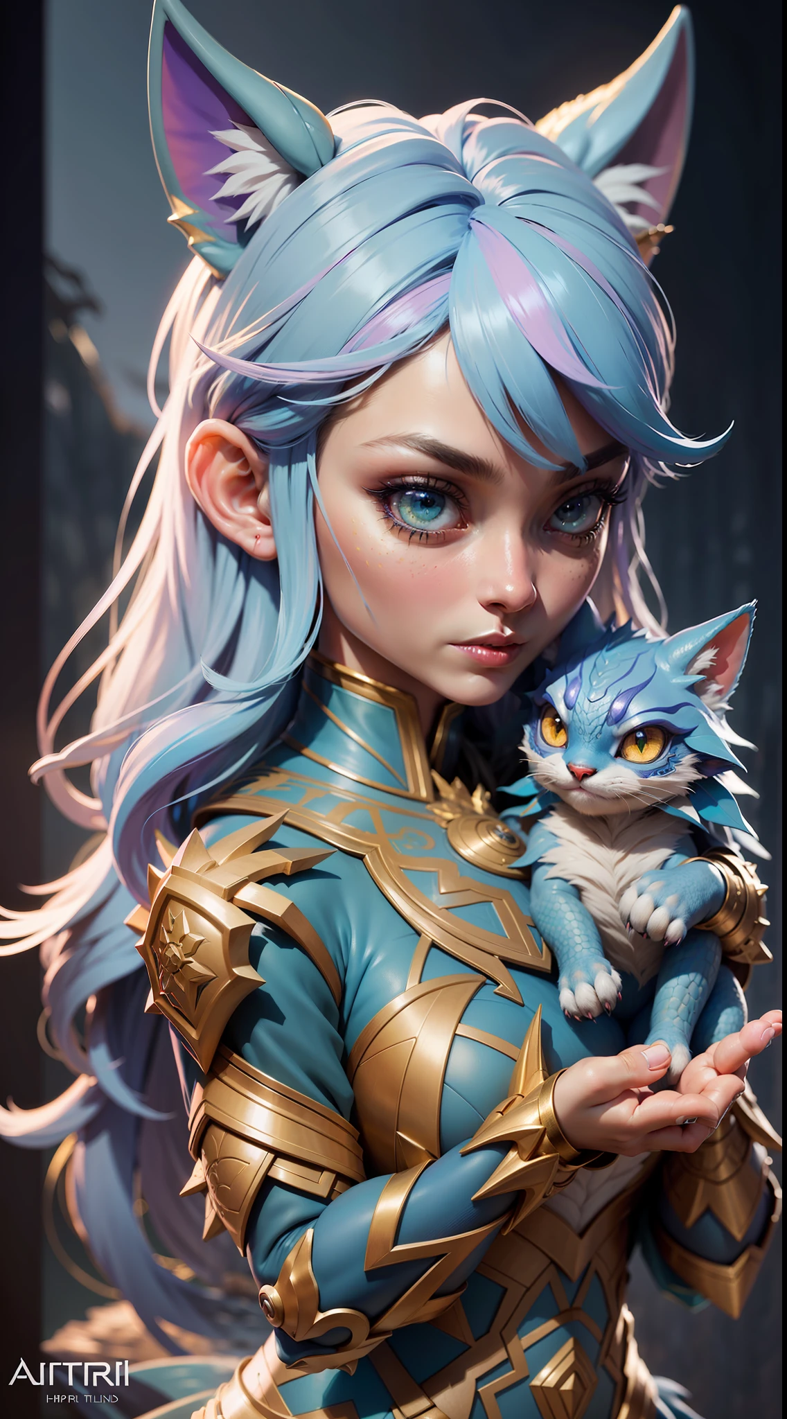 3dmm,girl holding cat, cat ears, chibi, blue, gold, white, purpple, dragon scaly armor, forest background, fantasy style, (dark shot:1.17), epic realistic, faded, ((neutral colors)), art, (hdr:1.5), (muted colors:1.2), hyperdetailed, (artstation:1.5), cinematic, warm lights, dramatic light, (intricate details:1.1), complex background, (rutkowski:0.8), (teal and orange:0.4), colorfull, (natural skin texture, hyperrealism, soft light, sharp:1.2), (intricate details:1.12), hdr, (intricate details, hyperdetailed:1.15), white hair, Negative prompt