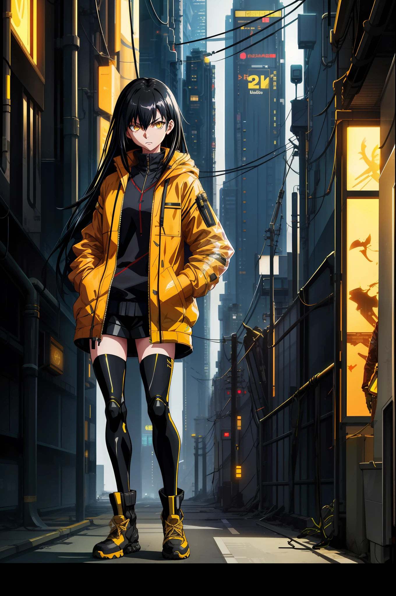 A girl, yellow jacket, black stockings, hands in pockets, staring at another person, long black hair, golden eyes, cyberpunk, 8k resolution, very detailed, anatomically correct, digital painting, concept art, Makoto Shinkai style, clear picture,
