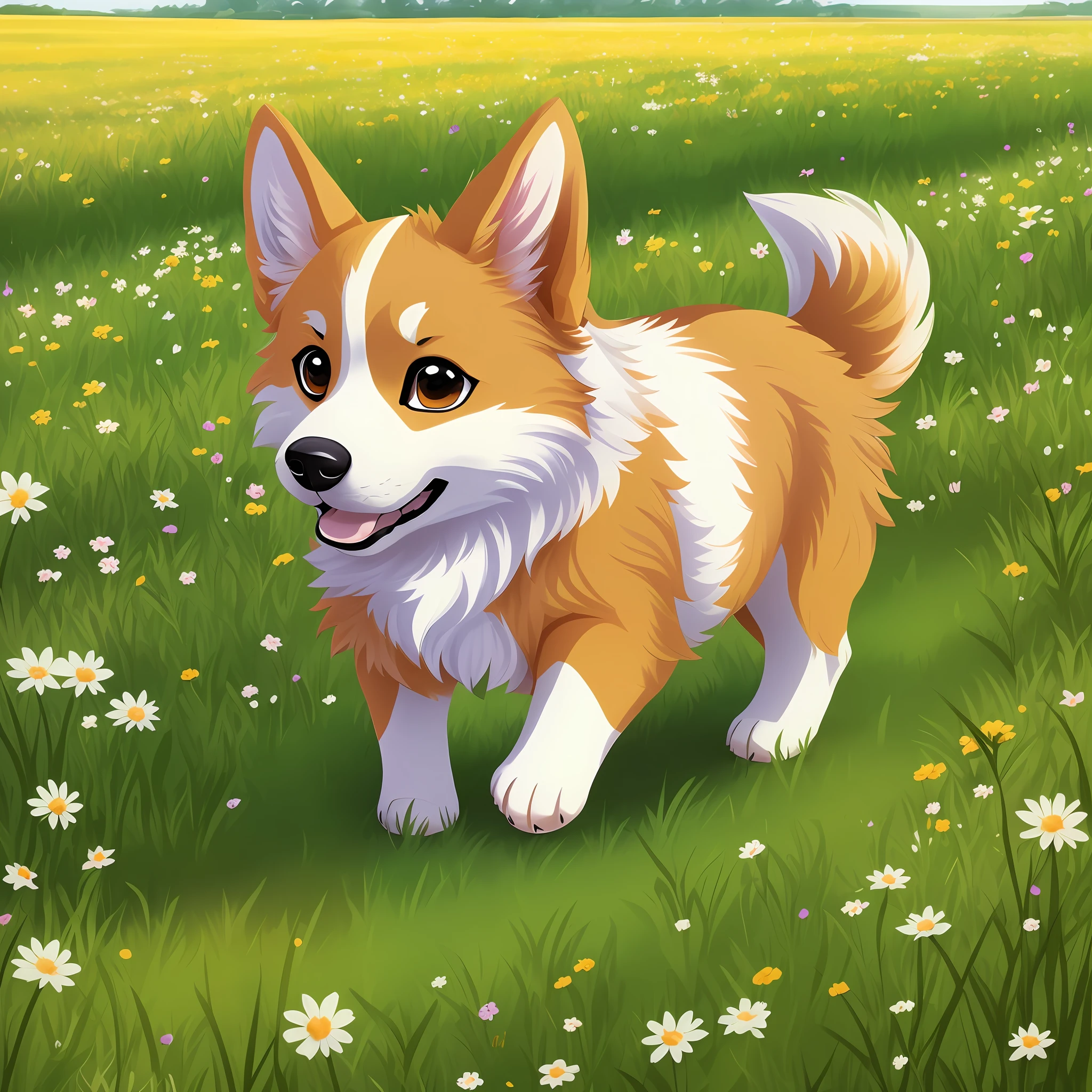 There is a dog walking on grass, cute corgi, corgi, isometric 3D fantasy cute dog, cute detailed digital art, corgi with [angel wings] !!, daisy, anthropomorphic Shiba Inu, cute dog, cute digital art, anthropomorphic dog, kawaii cute dog