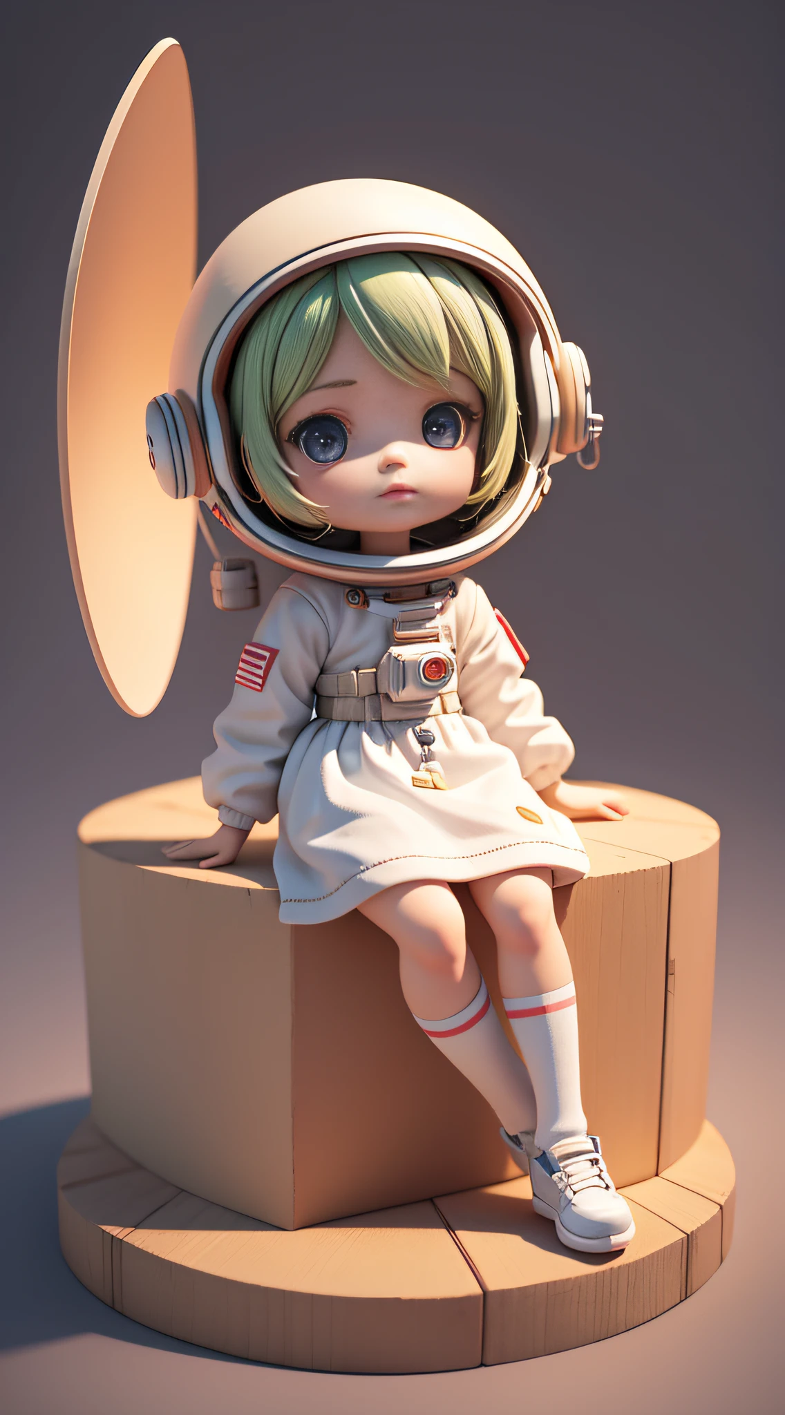 Toy with a little doll with a helmet, cute 3d render, cute detailed digital art, female explorer mini cute girl, cute digital painting, stylized 3d render, cute digital art, cute render 3d anime girl , the little astronaut looks up, cute! c4d, portrait anime space cadet girl, sitting on a white pedestal