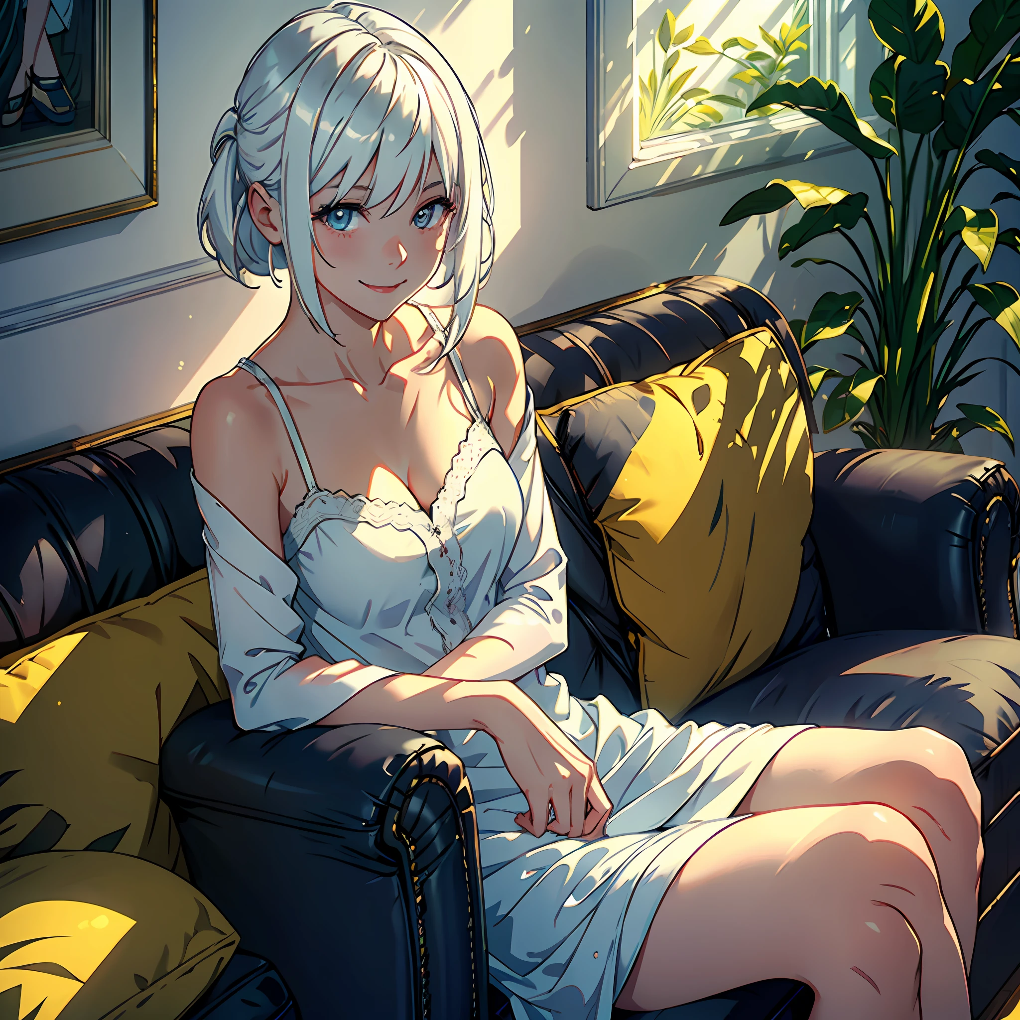 White-haired girl sitting on sofa, smiling with excited expression, high-quality illustrations, indoor light and shadow effects during the day, subject emphasis, warm and healing atmosphere.