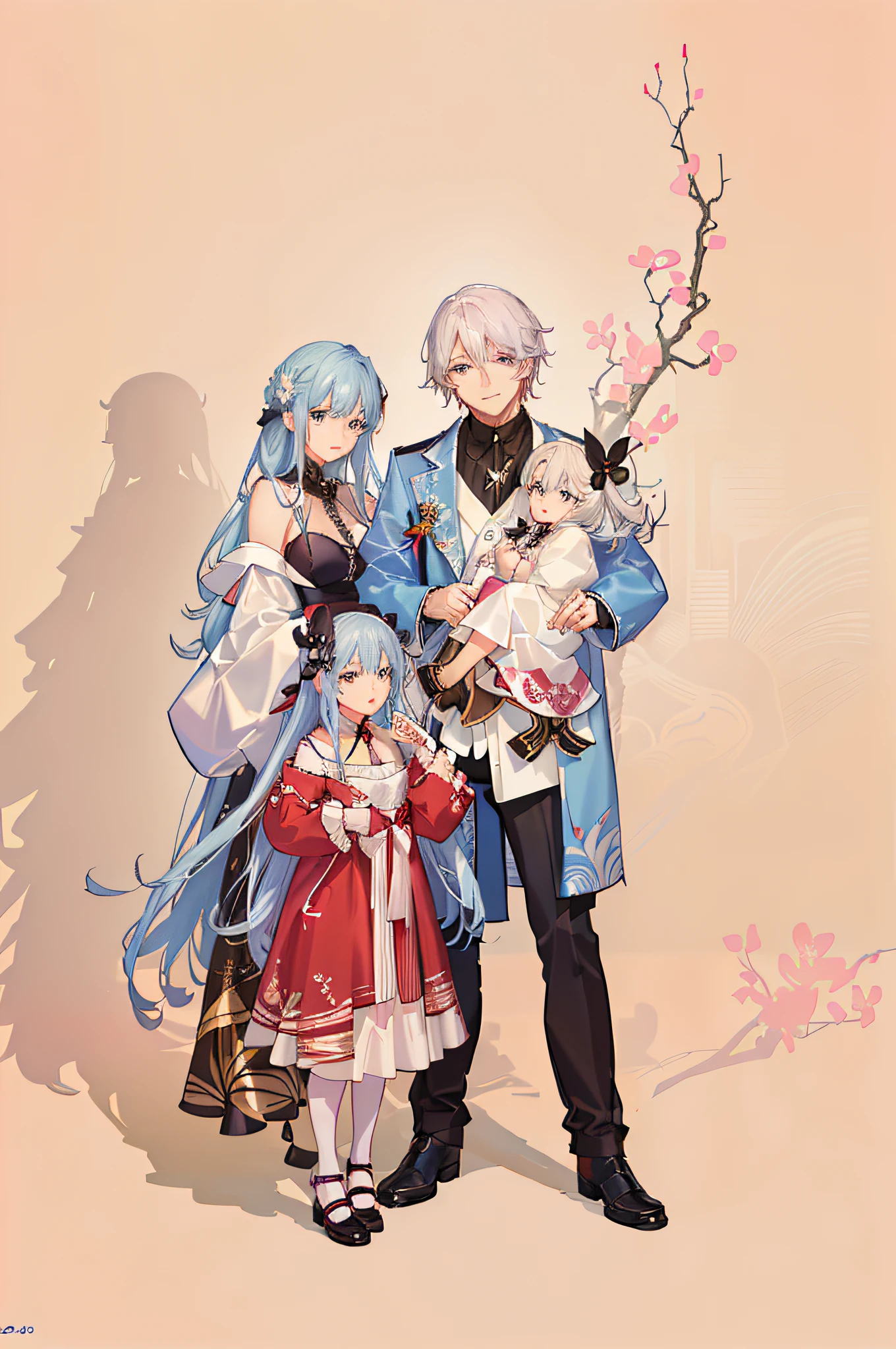 anime characters posing for a picture with a and a woman, happy family, official fanart, high quality fanart, artwork in the style of guweiz, manhwa, made with anime painter studio, family portrait, official art, detailed fanart, by Yanagawa Nobusada, official illustration, anime style illustration, in anime style, lonely family, highly detailed exquisite fanart