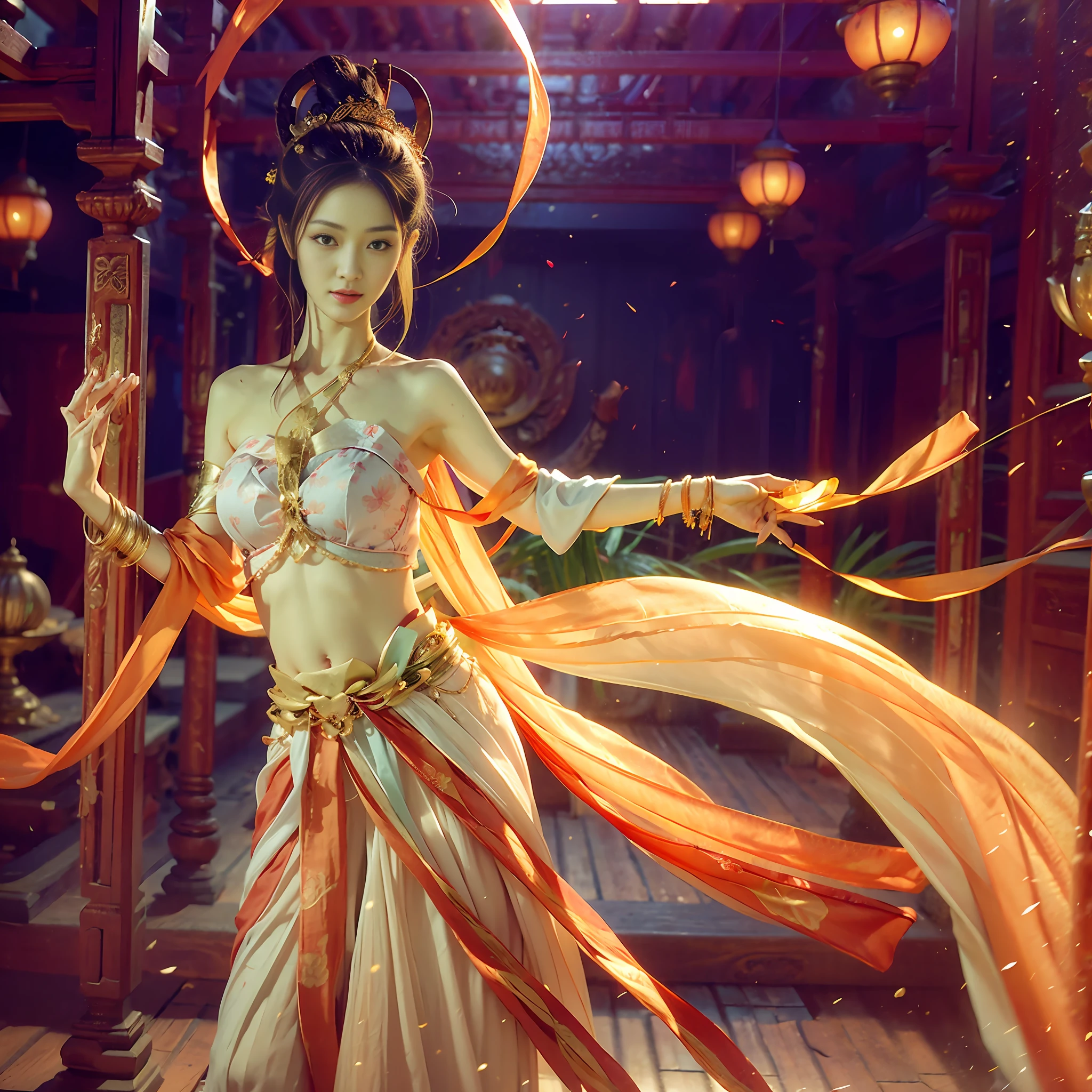 RAW Photo, Realistic, (Photo Realistic: 1.3), Best Quality, Masterpiece, Ultra Detail, Extreme Detail, 8k Wallpaper, Realistic Detail, Movie Lighting, Illustration, 1 Girl, upper_body, Dynamic Angle, World Mastery Theater, Best Quality, Extremely Delicate Beautiful Girl, Perfect Face, Delicate Facial Features, Delicate Hands, Delicate Eyelashes, Delicate Eyes, Supple Fair Skin, Sexy Collarbone, Dance, dunhuang_dress, Lotus Flower, Bare Shoulder, stunning beauty, belly, navel, amazing, sexy, peach blossom eyes, light makeup, smile, lens_flare, mural background, streamers, floating, lanterns,