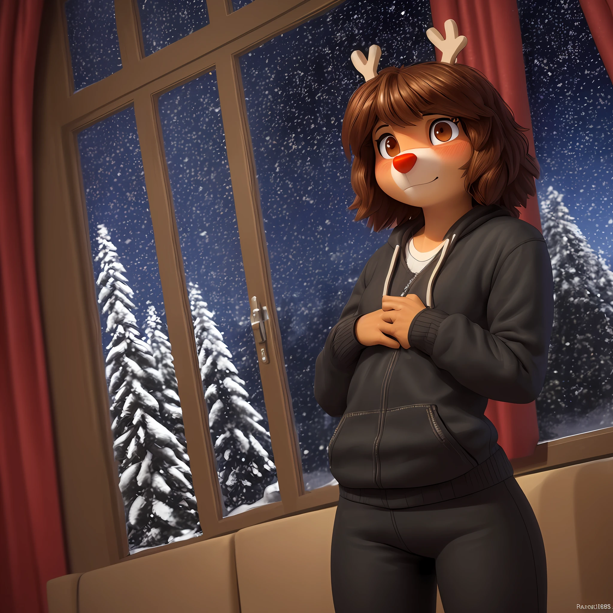 [Rue_(the_minuscule_task)], [Uploaded to e621.net; (Pixelsketcher), (wamudraws), (the_minuscule_task)], ((masterpiece)), ((solo portrait)), ((furry girl; anthro)), ((detailed fur)), ((raytracing)), ((detailed shading)), ((beautiful 3D art)), {anthro reindeer woman; (brown fur, glowing red nose, small round ears, small reindeer horns), (cute brown eyes; small pupils, short girly eyelashes), long brown curly hair, embarrassed, blushing, (blue pull-over hoodie, black yoga pants), (small boobs, young woman's body)}, ((standing; hands on chest, looking left) attractive pose), [background; [indoors; living room]; (coffee table, ceiling light, (window; red curtains, starry night sky, snow, full moon))]