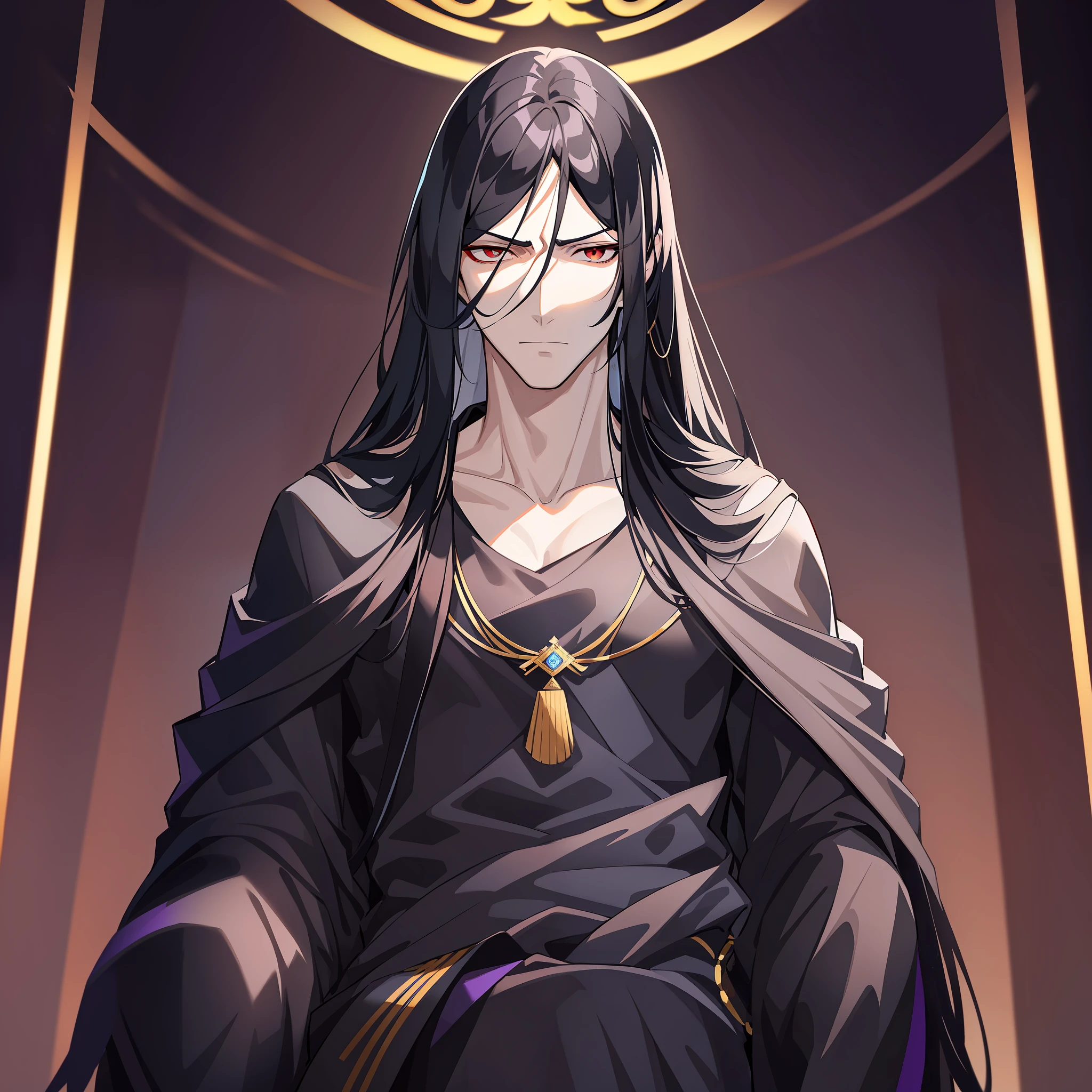 An emperor with long black hair and ancient costume. His posture is tall, and his temperament is arrogant and cold. Long black hair casually hung down on his shoulders, his eyes were cold and proud, and his entire face was shrouded in a layer of mystery. The costumes on his body are gorgeous, but they highlight his mystery and cruelty.