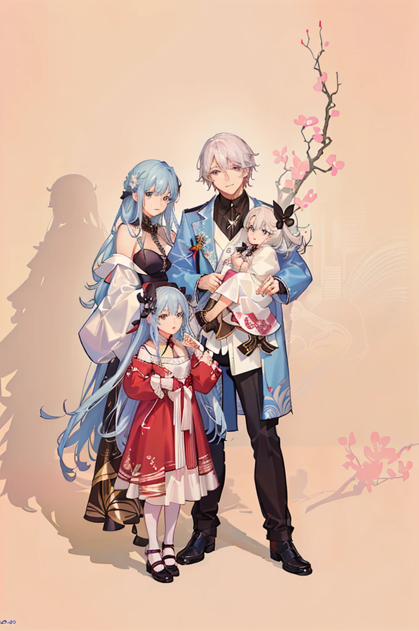 anime characters posing for a picture with a baby and a woman, happy family, official fanart, high quality fanart, artwork in the style of guweiz, manhwa, made with anime painter studio, family portrait, official art, detailed fanart, by Yanagawa Nobusada, official illustration, anime style illustration, in anime style, lonely family, highly detailed exquisite fanart