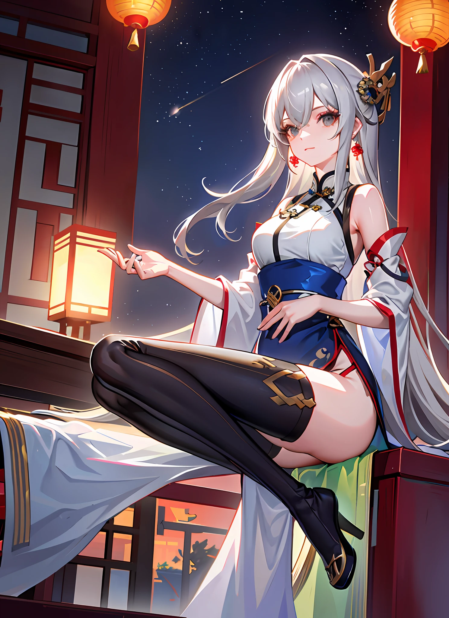 Ph bronya, 1girl, solo, earrings, long hair, gray hair, diamond hair, gray eyes, oriental architecture, asian architecture, chinese clothing, lantern, China clothing, black suspender stockings