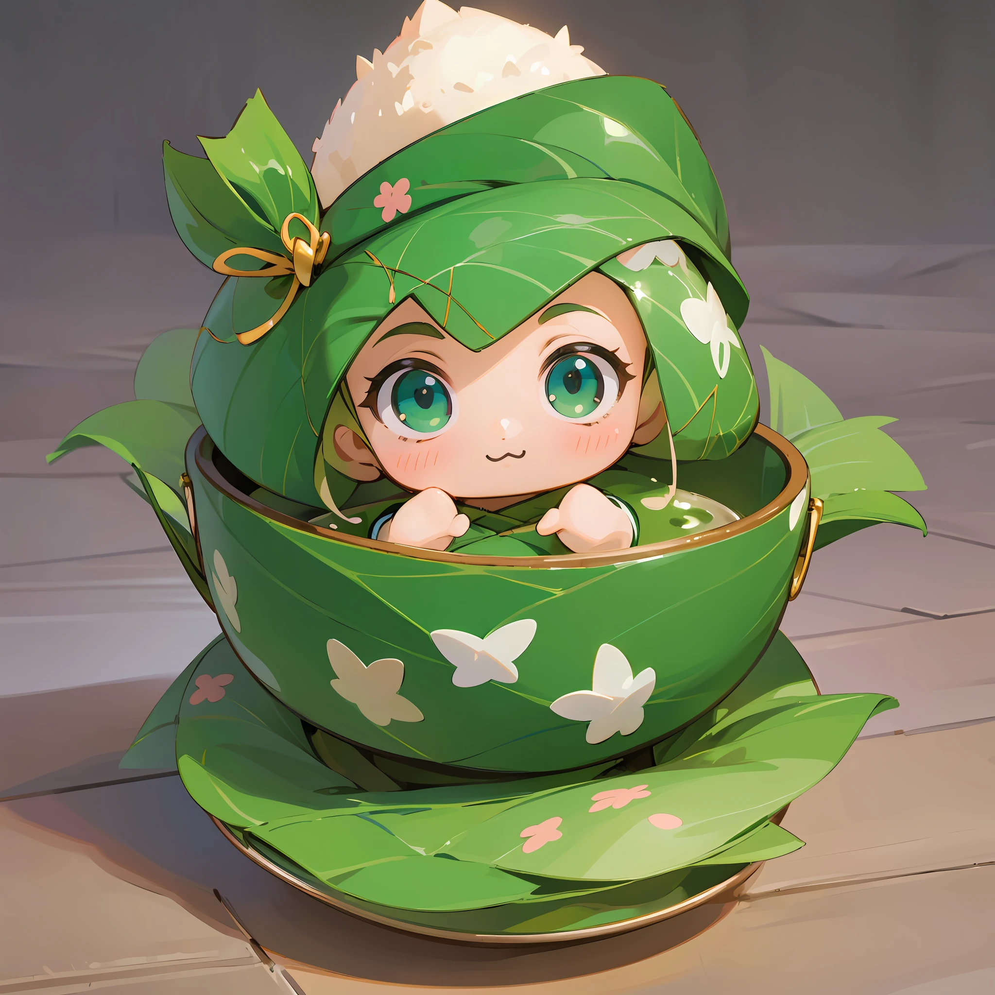 (a small doll with a green triangular hat), (sitting inside a large bowl), cute 3 d render, cute detailed digital art, cute digital art, cute cartoon character, adorable digital painting, cute! c4d, cute character, pop japonisme 3D, (white background), ultra detailed, by Yu Zhiding, 3d model of a japanese mascot, nendoroid 3d, cute forest creature