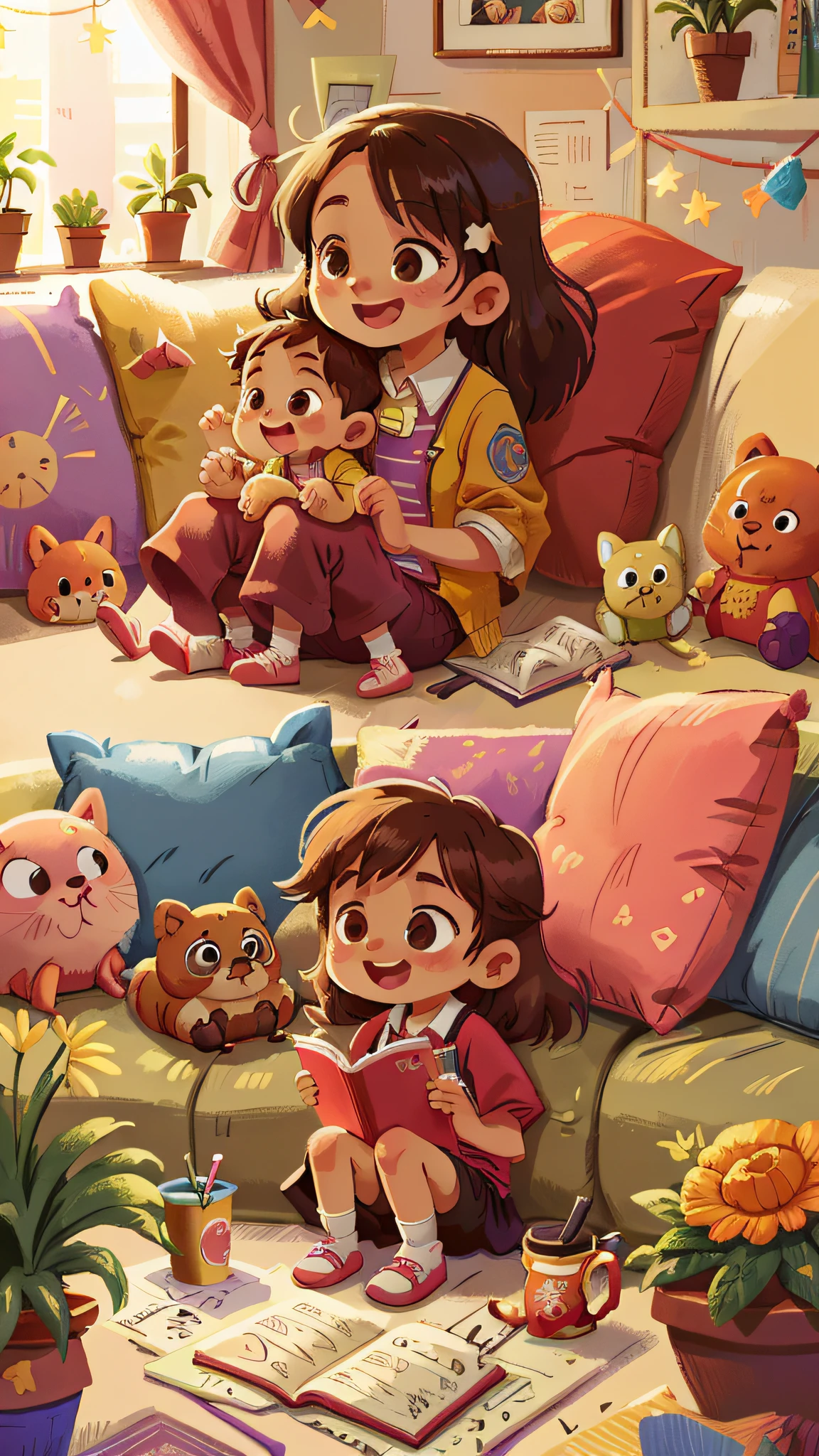 woman and child sitting on a sofa in a living room, with a child, advertisement image, sitting on a sofa, sitting on the sofa, easy to understand, high image quality, sitting on the sofa, comforting and familiar, English, in a living room, unique design, explorable image, on a sofa, talking, telling stories, smiling at each other, light focus (clutter - street: 0.8), (masterpiece: 1.2) (realistic: 1.2) (bokeh) (best quality) (detailed leather: 1.3) (intricate details) (8K) (detail eyes) (sharp focus), (smiling)